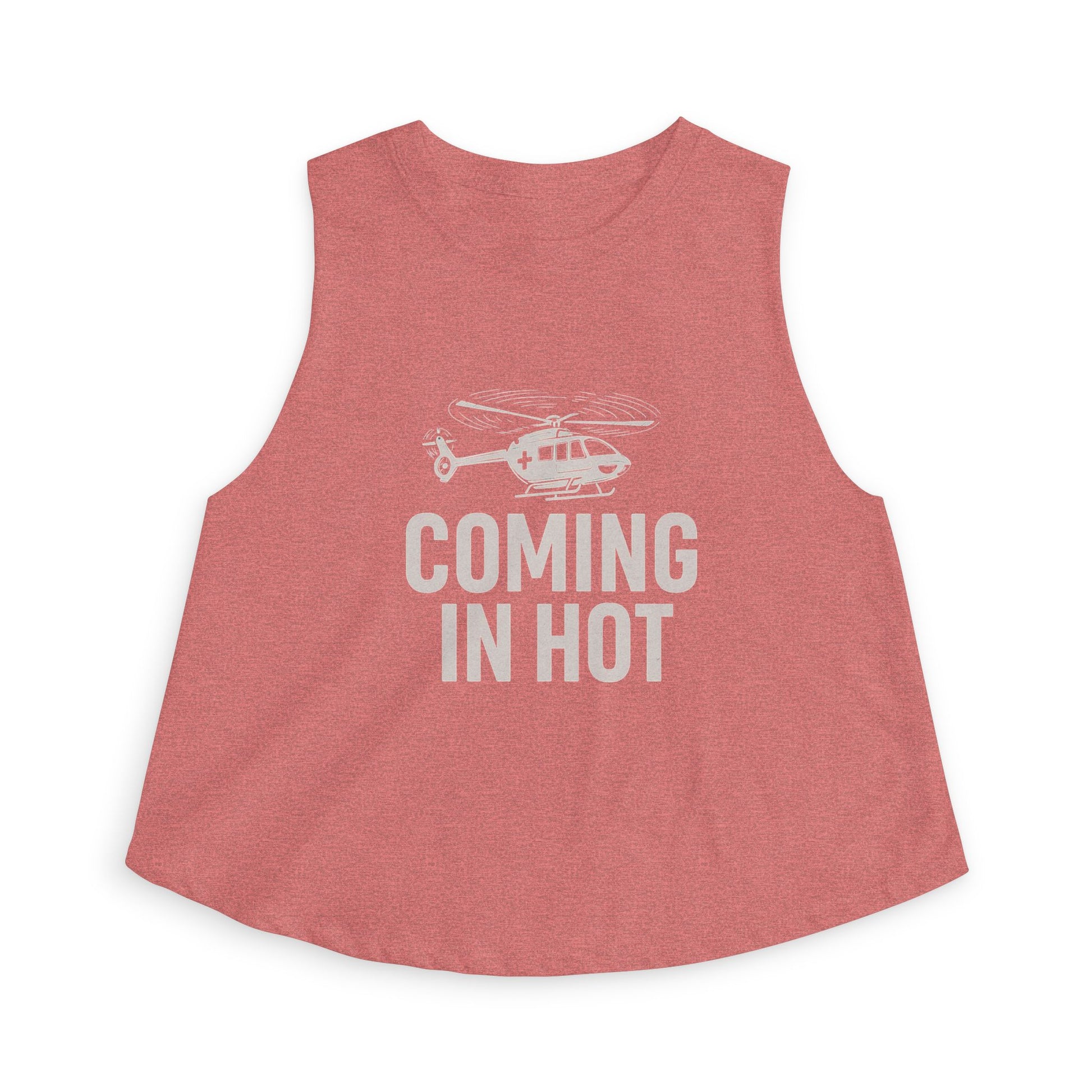 Pink sleeveless top with helicopter graphic and 'Coming in Hot' text by Rotor Wash & Wear