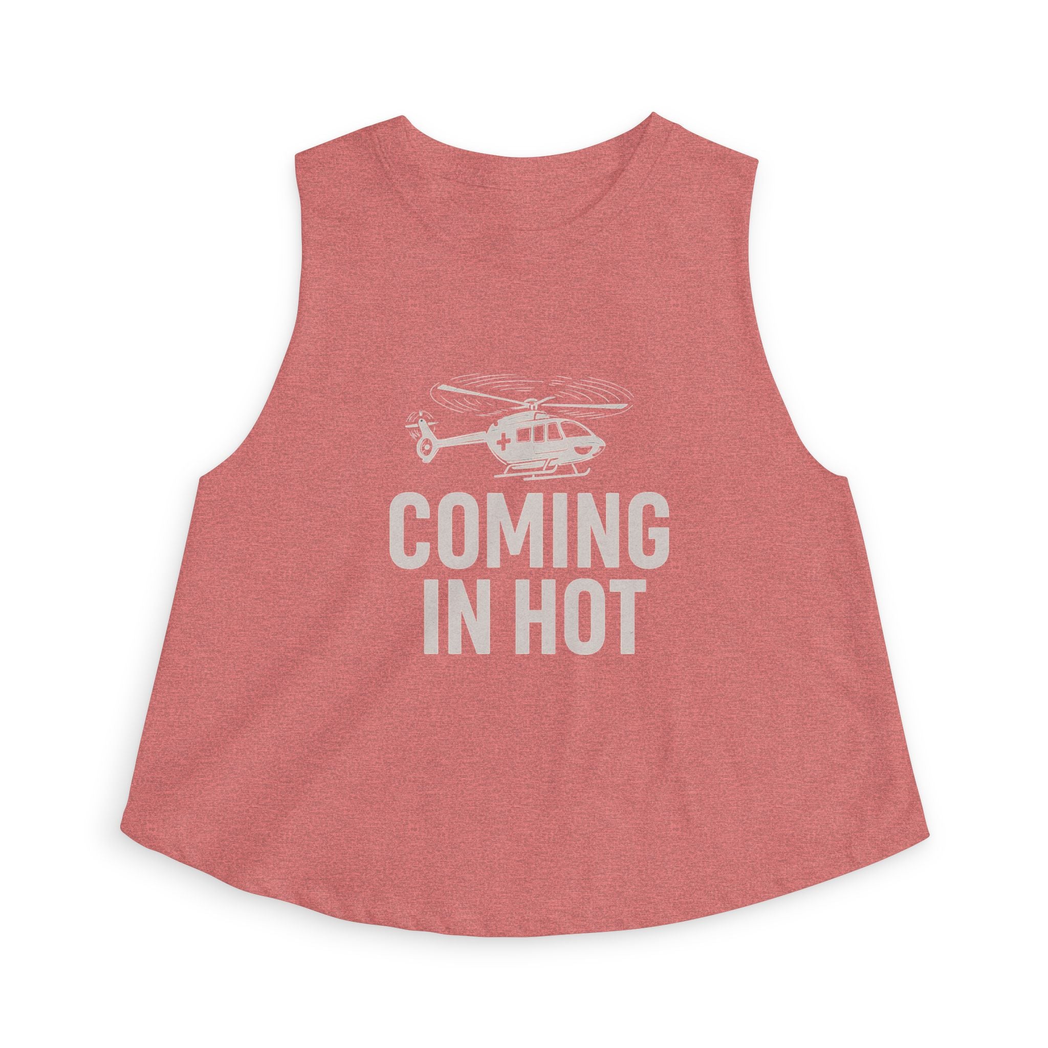 Pink sleeveless top with helicopter graphic and 'Coming in Hot' text by Rotor Wash & Wear
