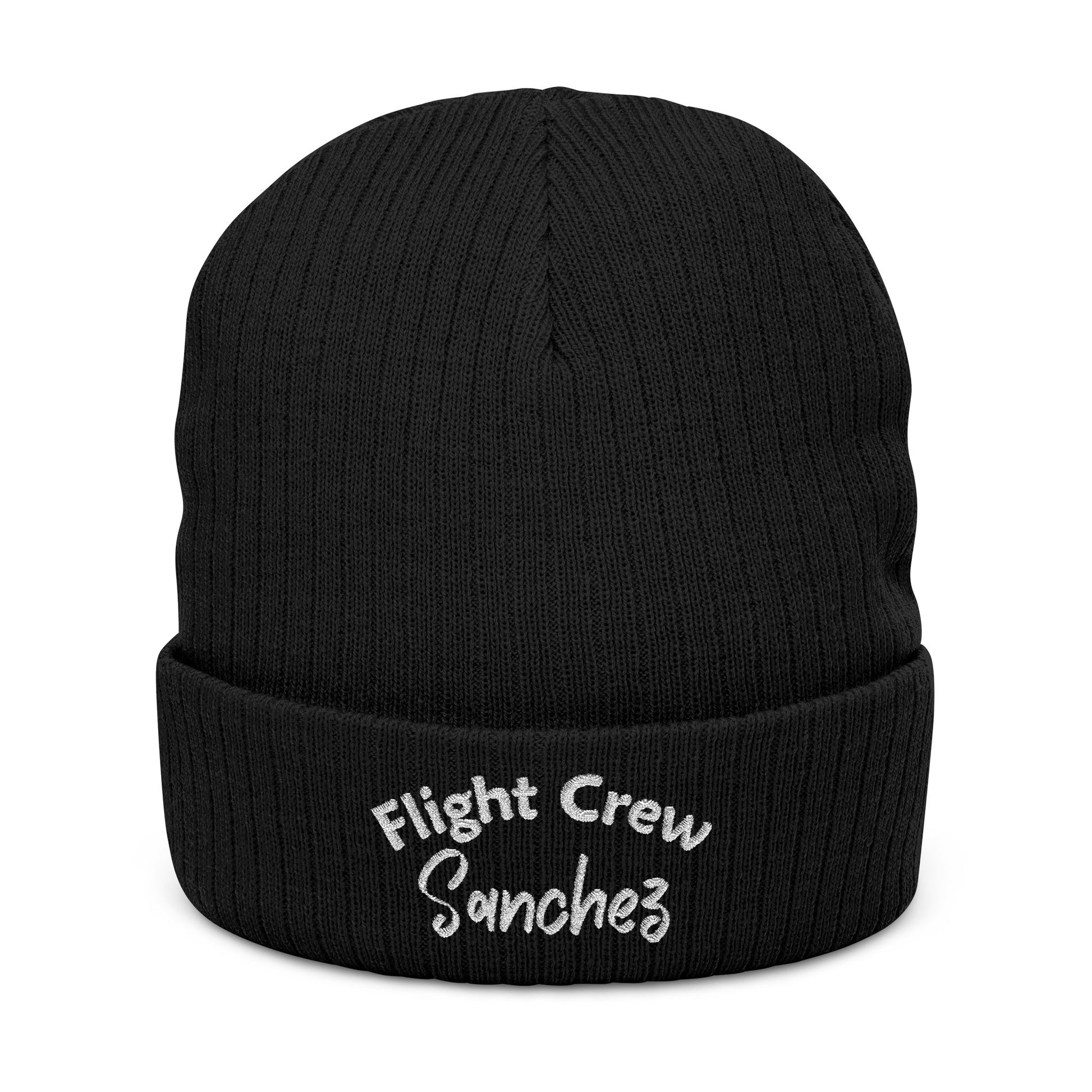 Black beanie with 'Flight Crew Sanchez' embroidery on a white background