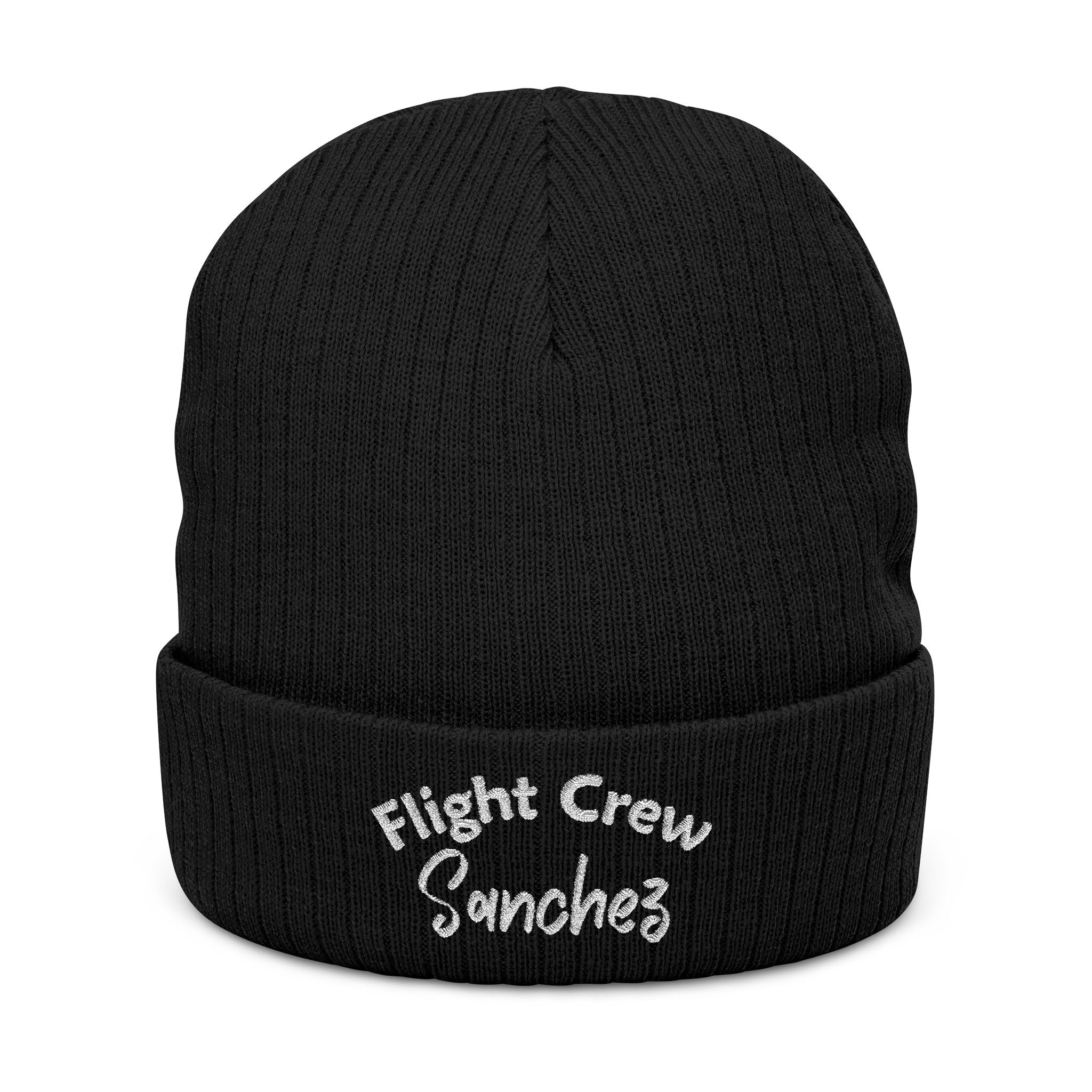 Black beanie with 'Flight Crew Sanchez' embroidery on a white background