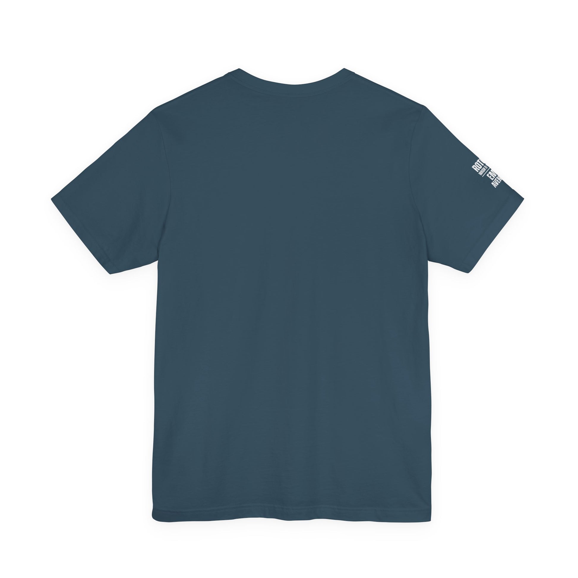 Blue t-shirt with a logo on the sleeve against a white background