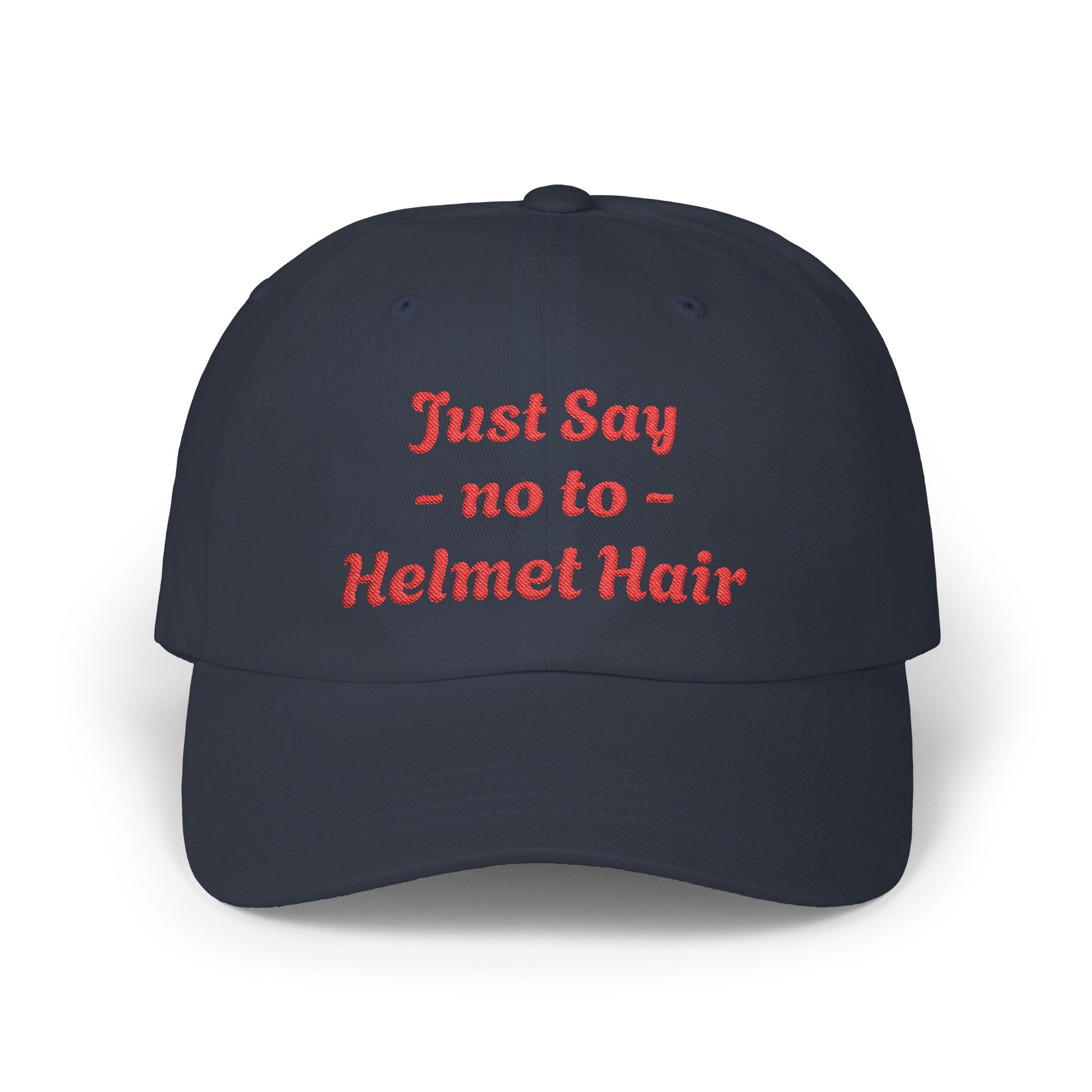 Navy cap with red text 'Just Say no to Helmet Hair' on a white background