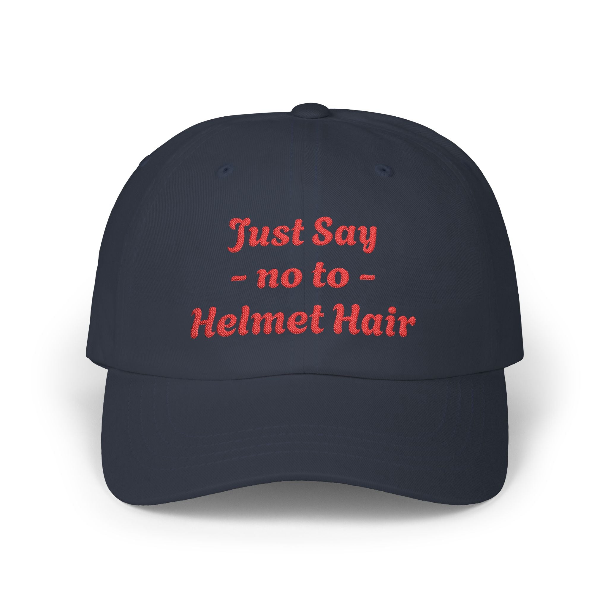 Navy cap with red text 'Just Say no to Helmet Hair' on a white background