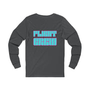 Gray long-sleeve shirt with 'FLIGHT CREW' text in turquoise by Rotor Wash & Wear
