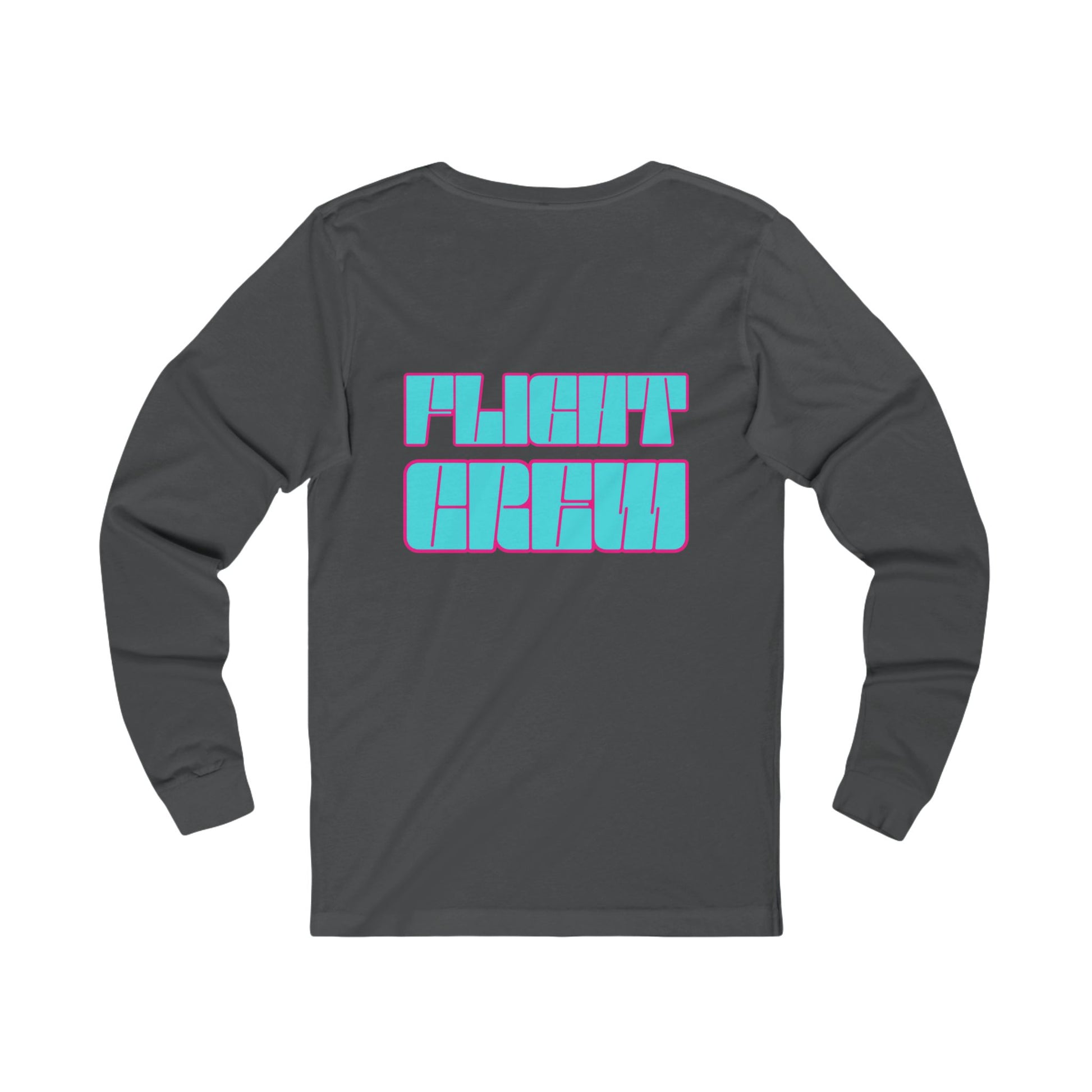 Gray long-sleeve shirt with 'FLIGHT CREW' text in turquoise by Rotor Wash & Wear