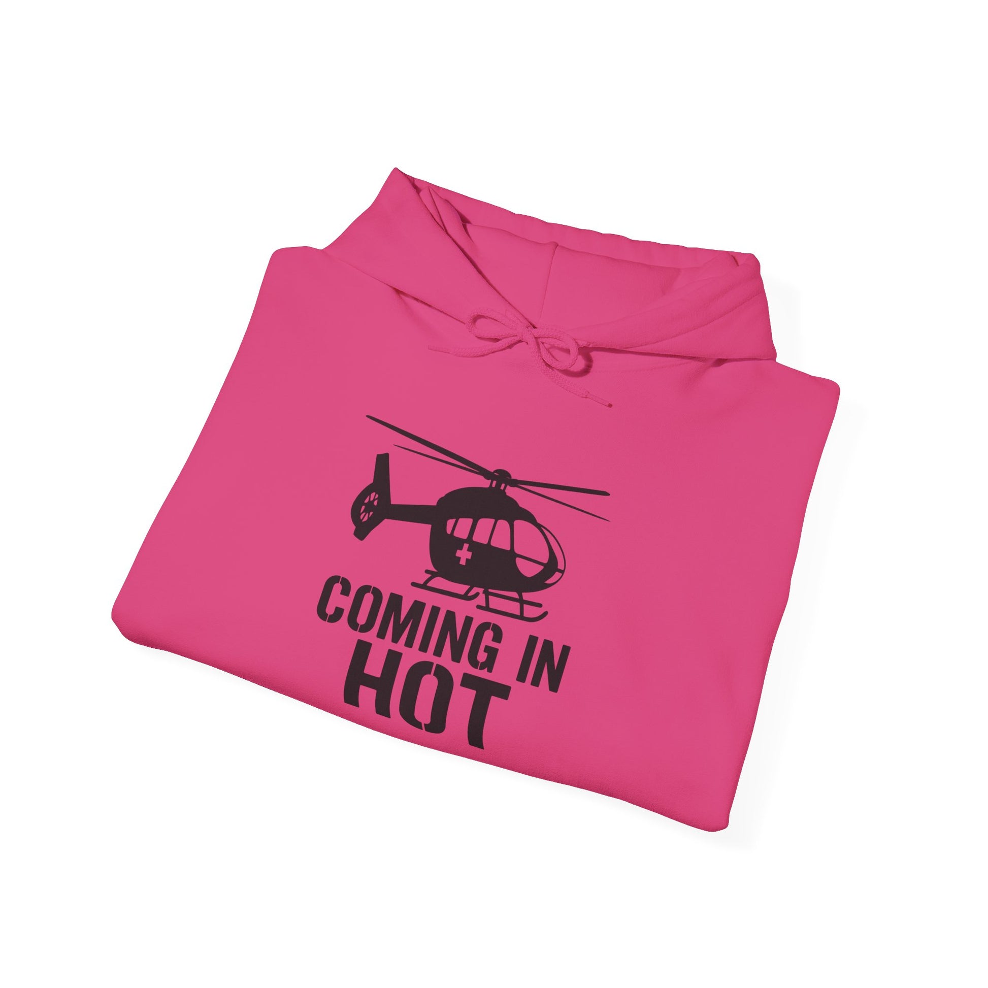 Pink hoodie with helicopter graphic and text 'Coming in Hot' on a white background