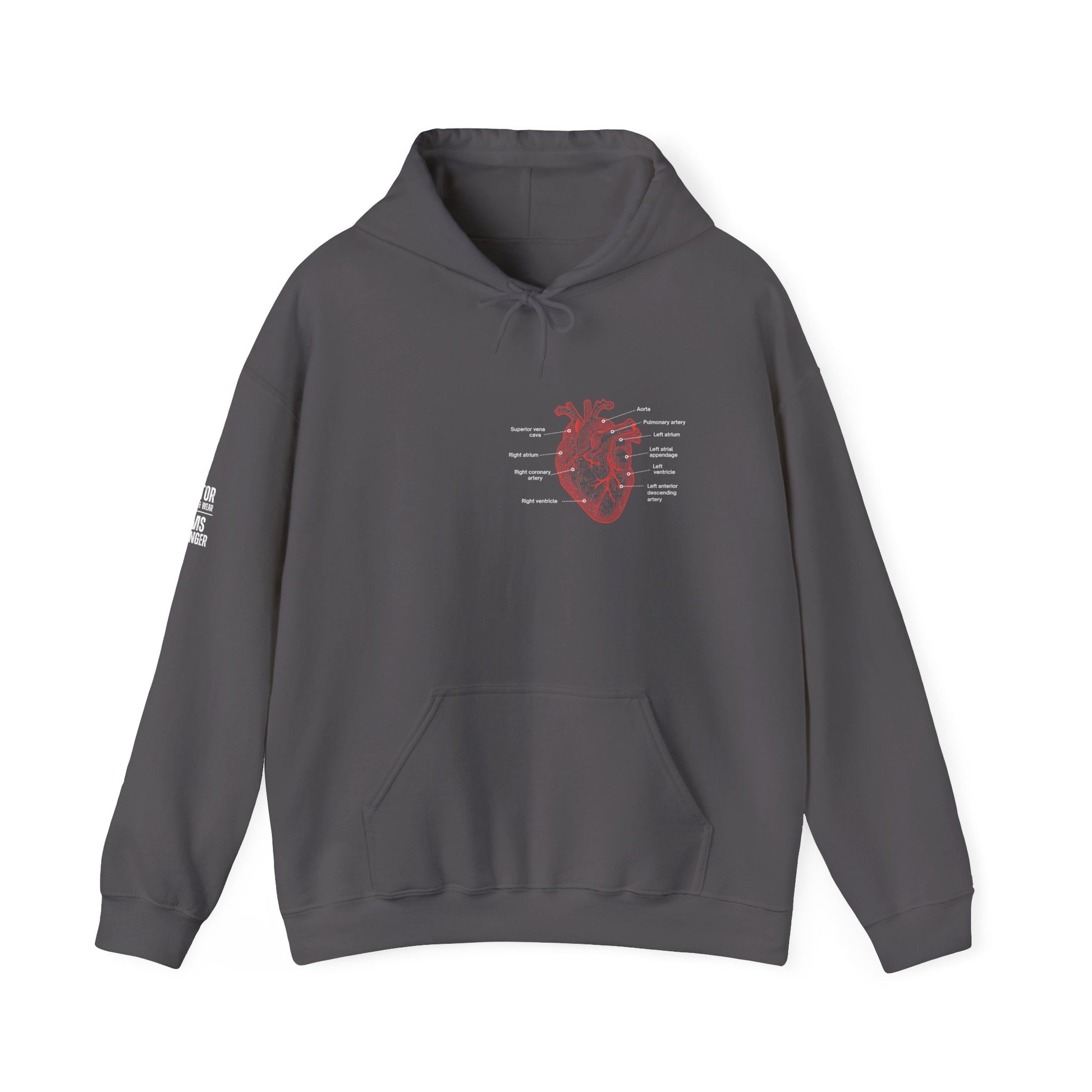 Gray hoodie with a red anatomical with heart with labels by Rotor Wash & Wear and EMS Avenger
