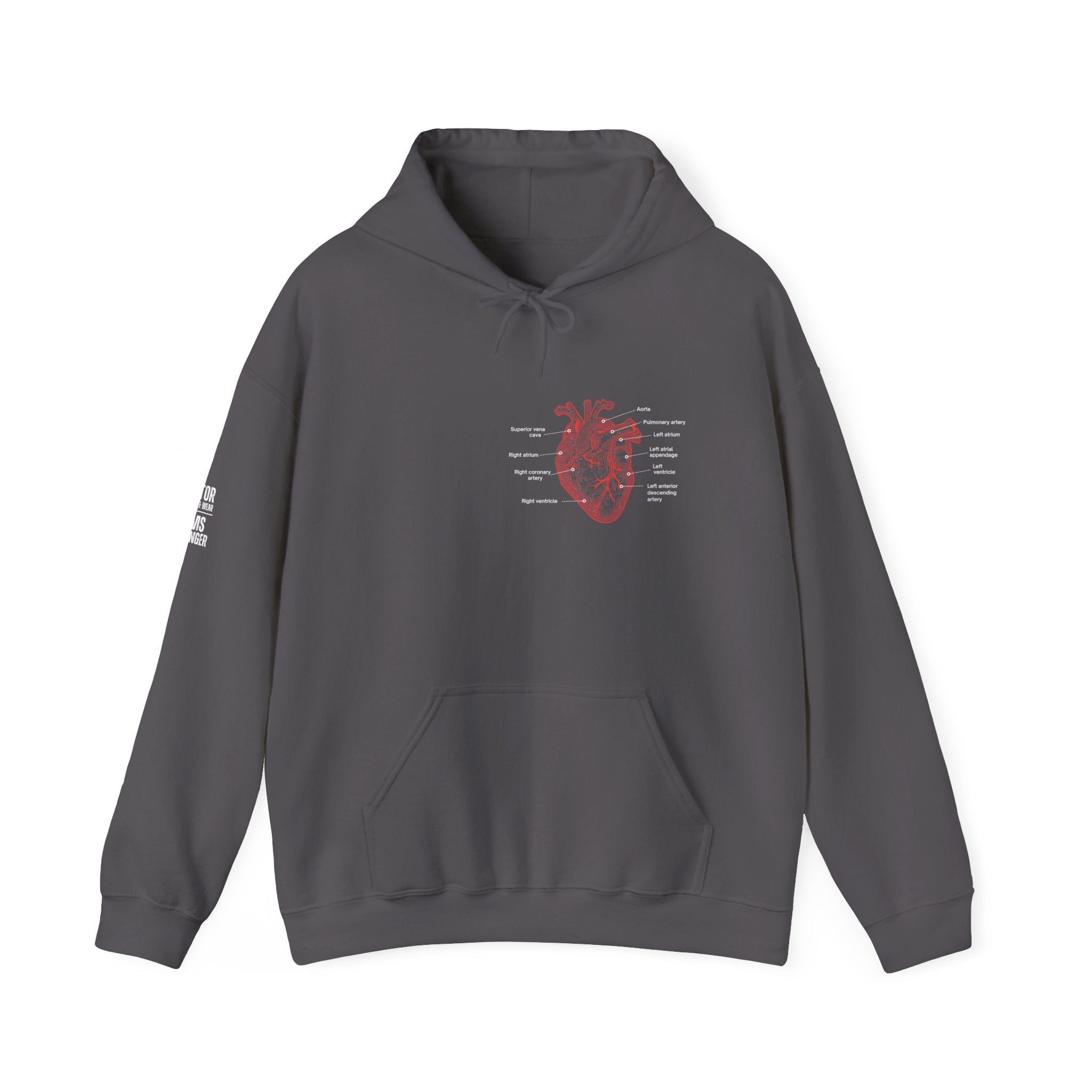 Gray hoodie with a red anatomical with heart with labels by Rotor Wash & Wear and EMS Avenger