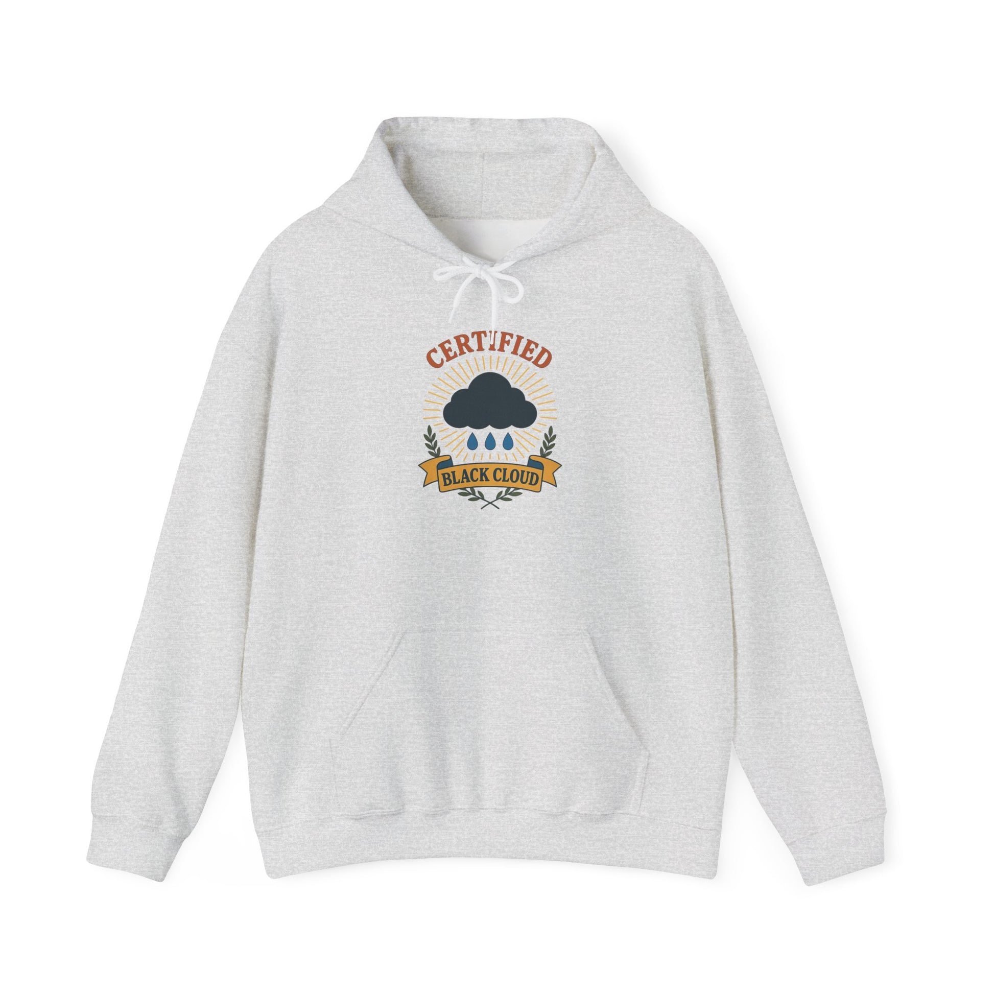 Gray hoodie with 'Certified Black Cloud' graphic on a white background