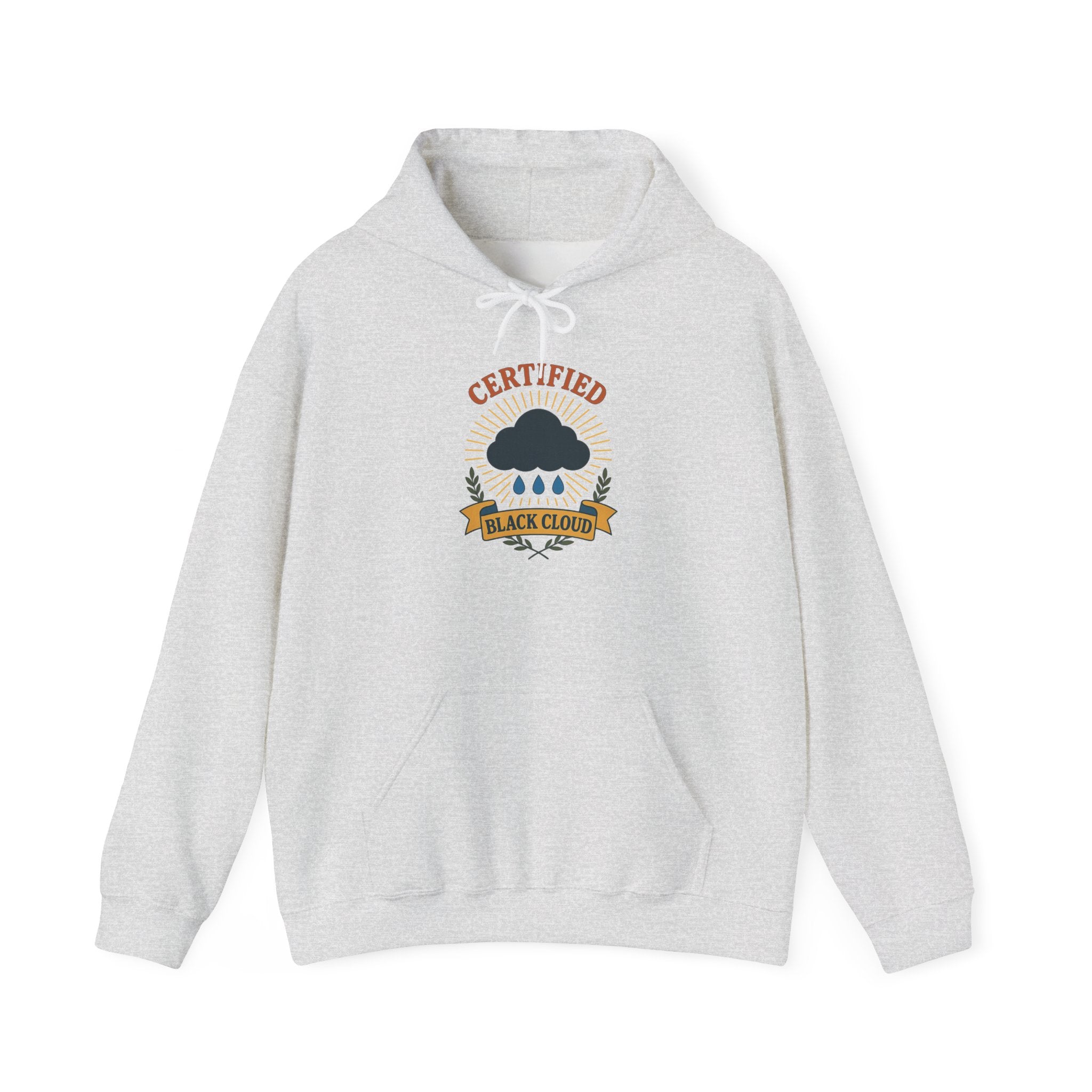 Gray hoodie with 'Certified Black Cloud' graphic on a white background