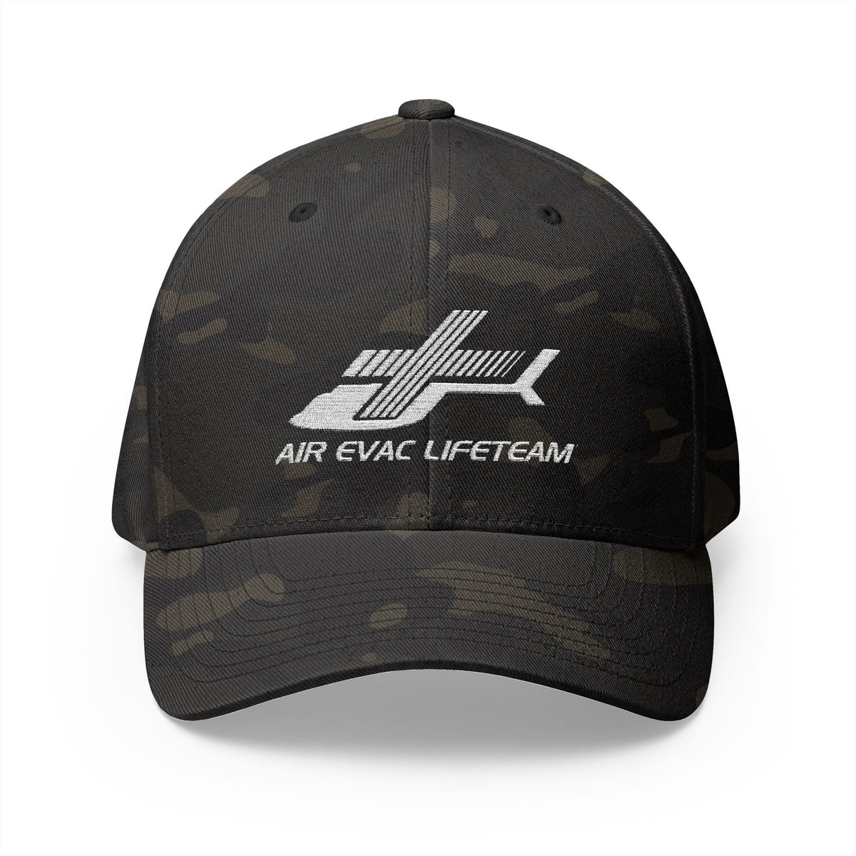 White Embroidered Air Evac Closed-Back Flexfit Hat