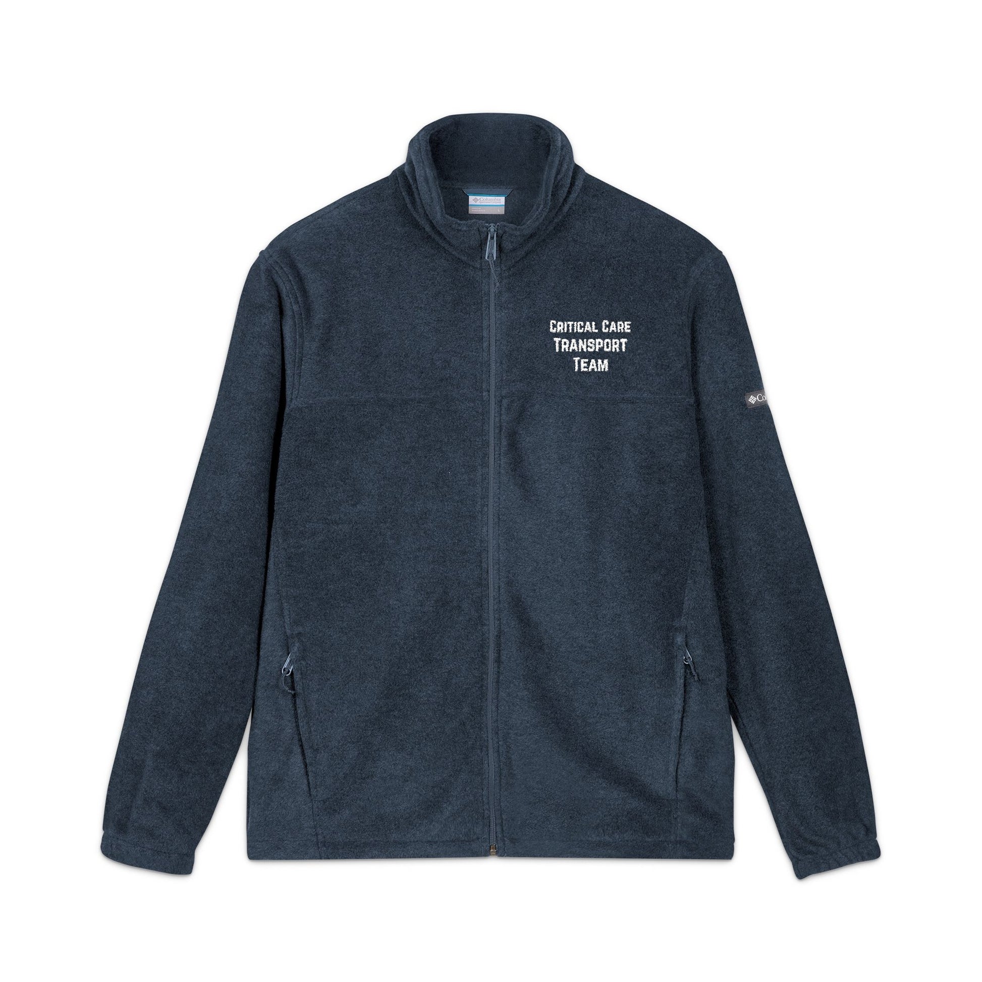 Navy Columbia fleece jacket with 'Critical Care Transport Team' embroidered text by Rotor Wash & Wear