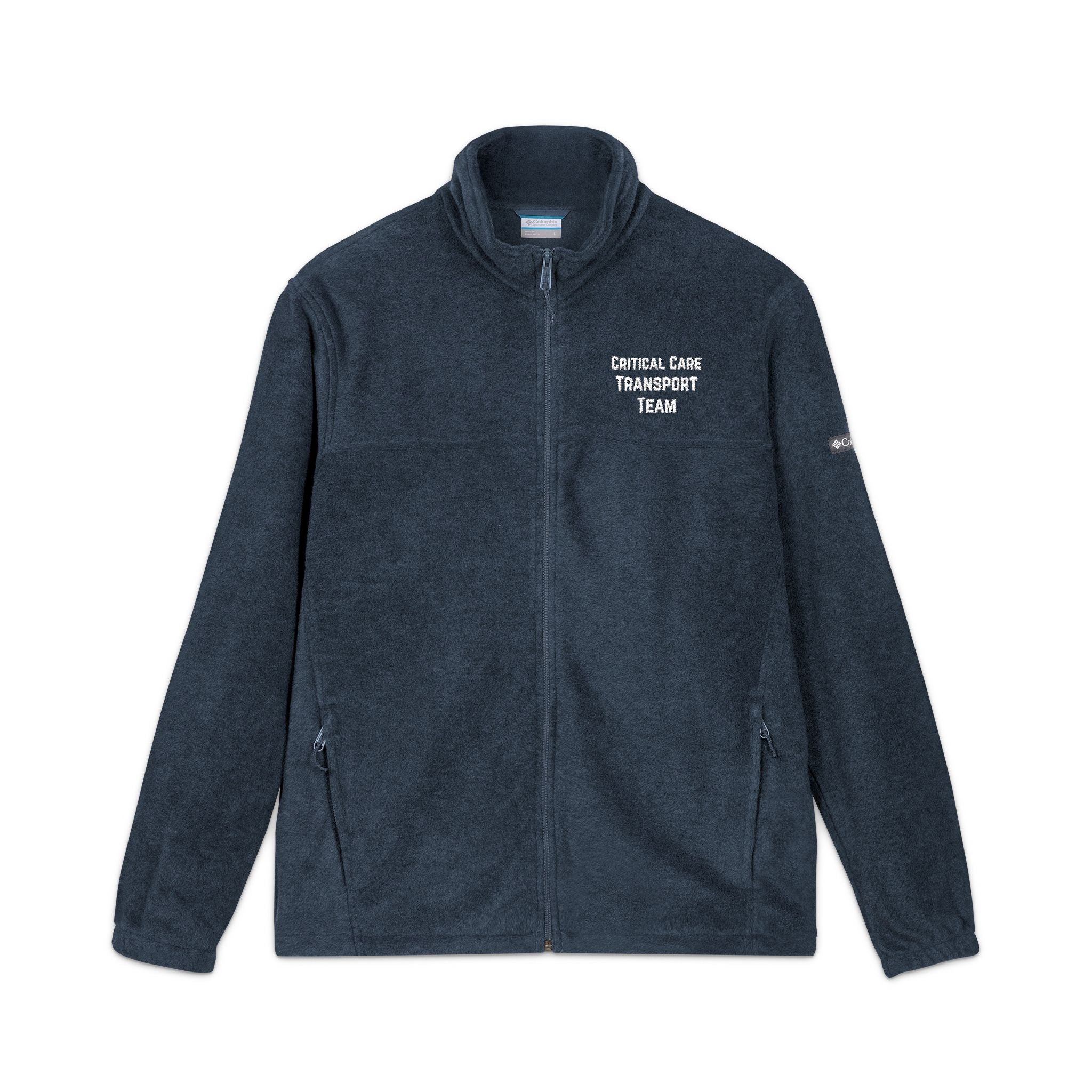 Navy Columbia fleece jacket with 'Critical Care Transport Team' embroidered text by Rotor Wash & Wear