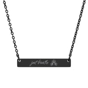 Black necklace with 'just breathe' text and lung vasculature engraving by Rotor Wash & Wear
