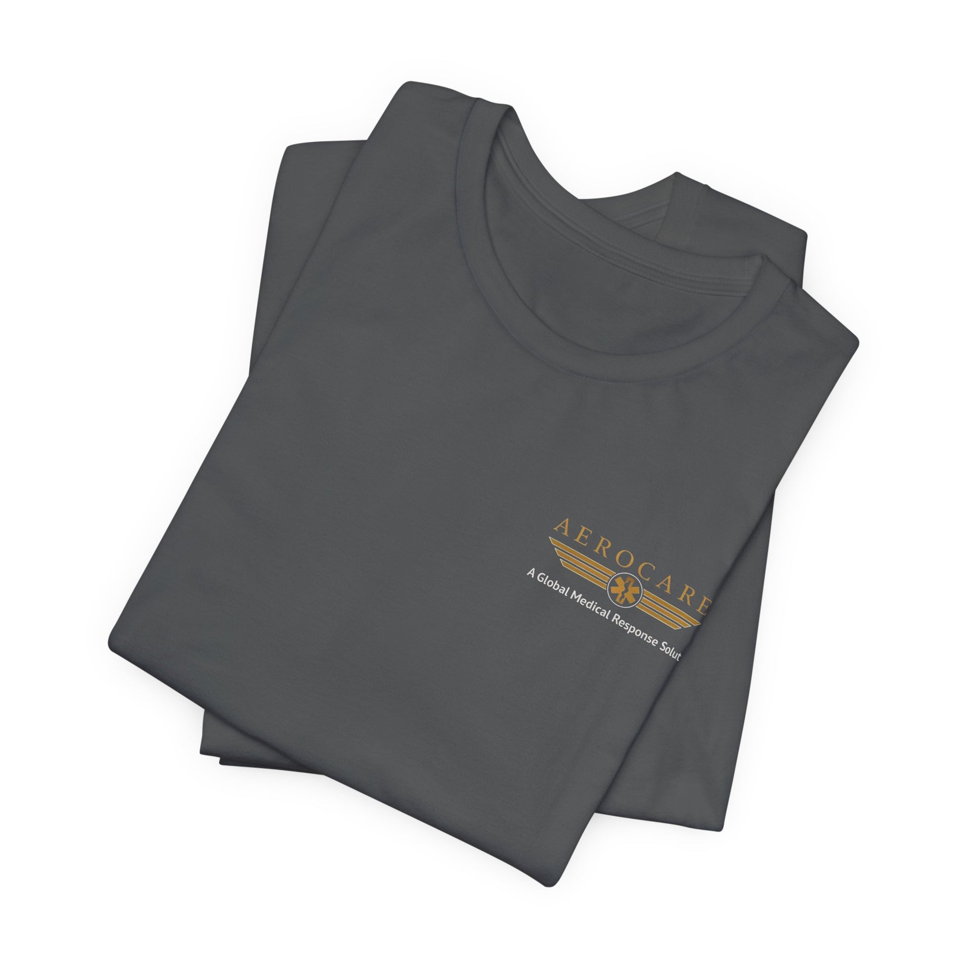 Stack of folded gray t-shirts with Aerocare logo on a white background