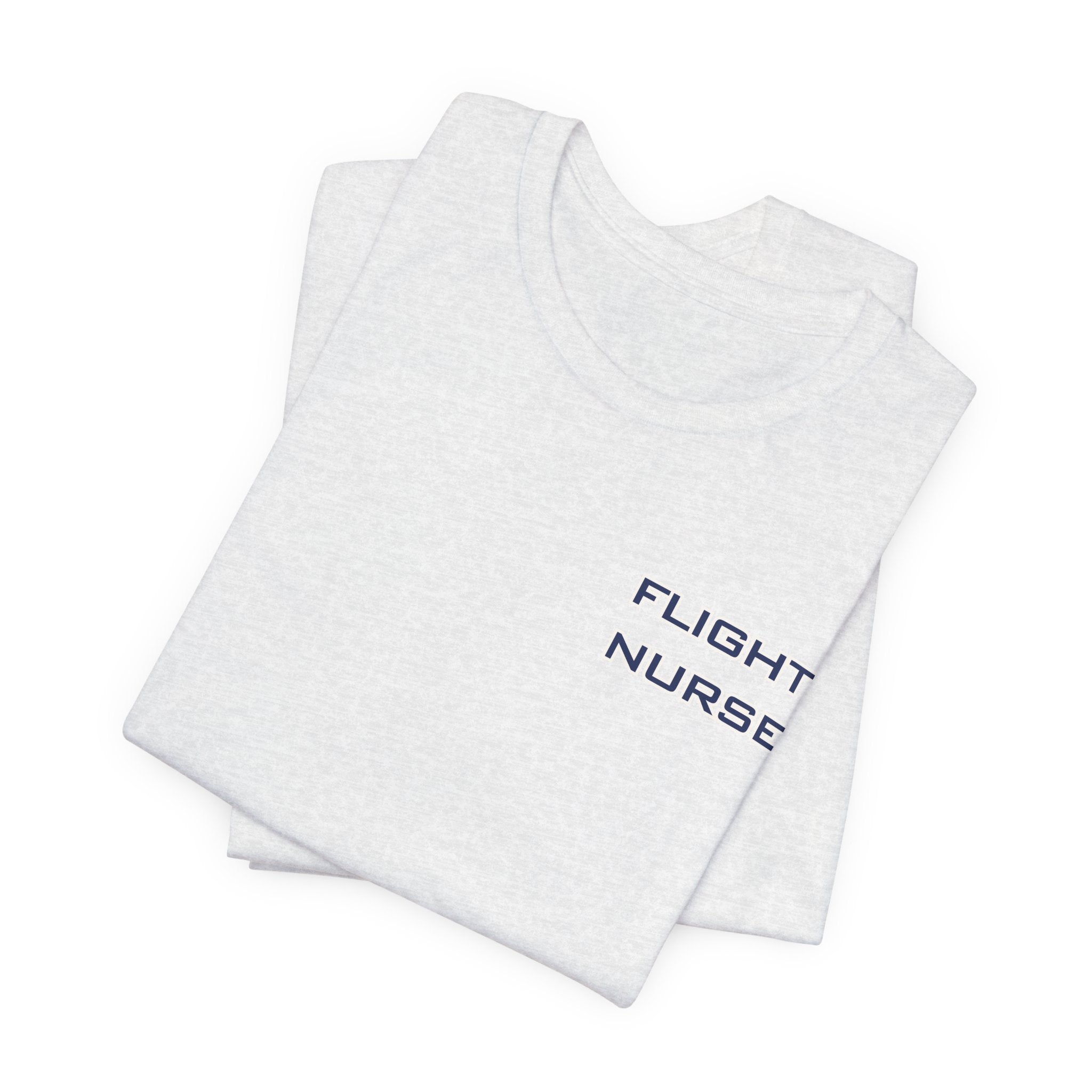 Folded white t-shirt with text 'Flight Nurse' on the left chest by Rotor Wash & Wear