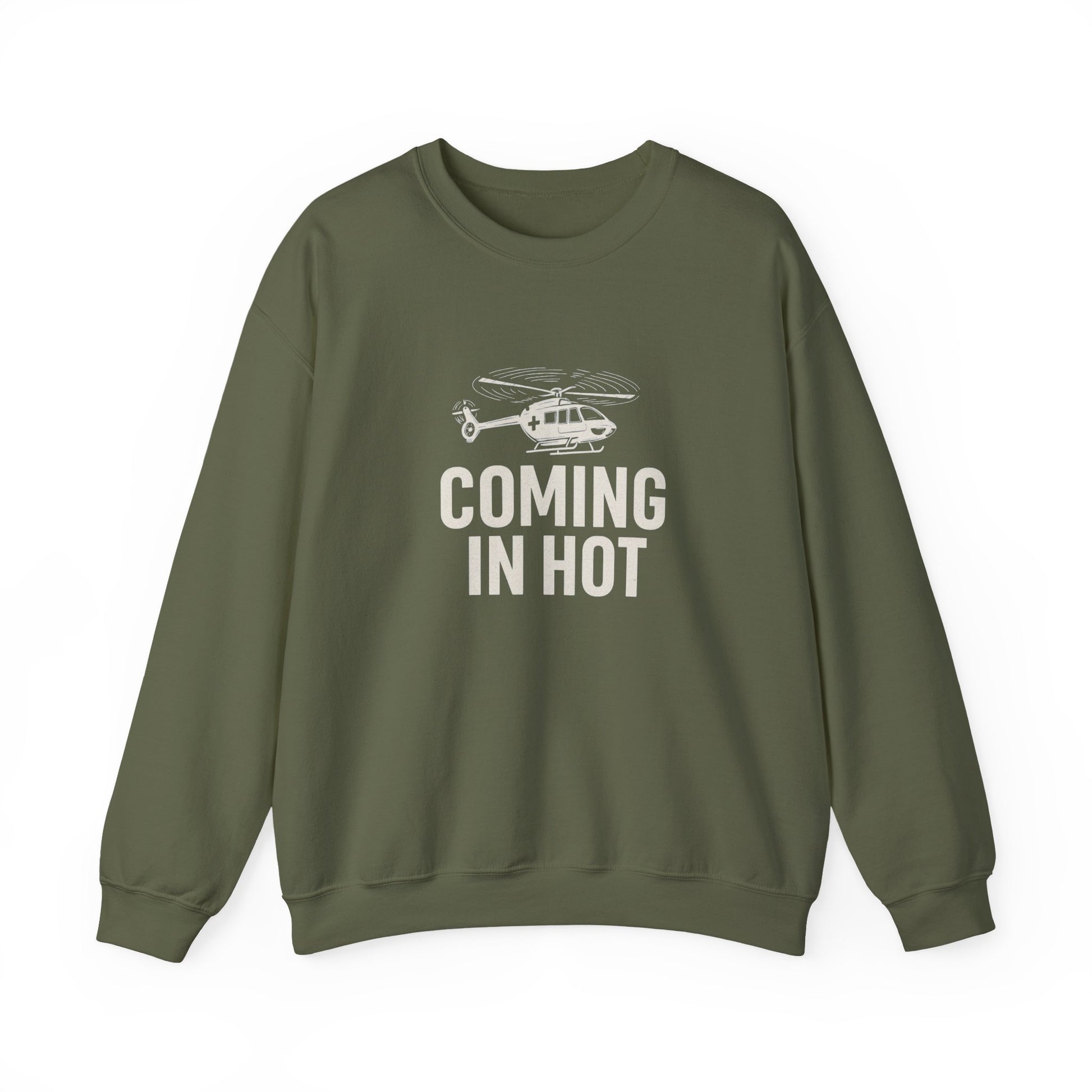 Green sweatshirt with helicopter graphic and text 'COMING IN HOT' by Rotor Wash & Wear