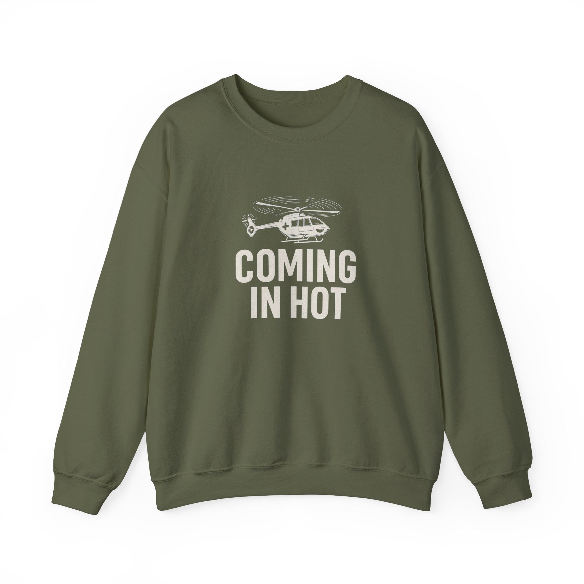Green sweatshirt with helicopter graphic and text 'COMING IN HOT' by Rotor Wash & Wear