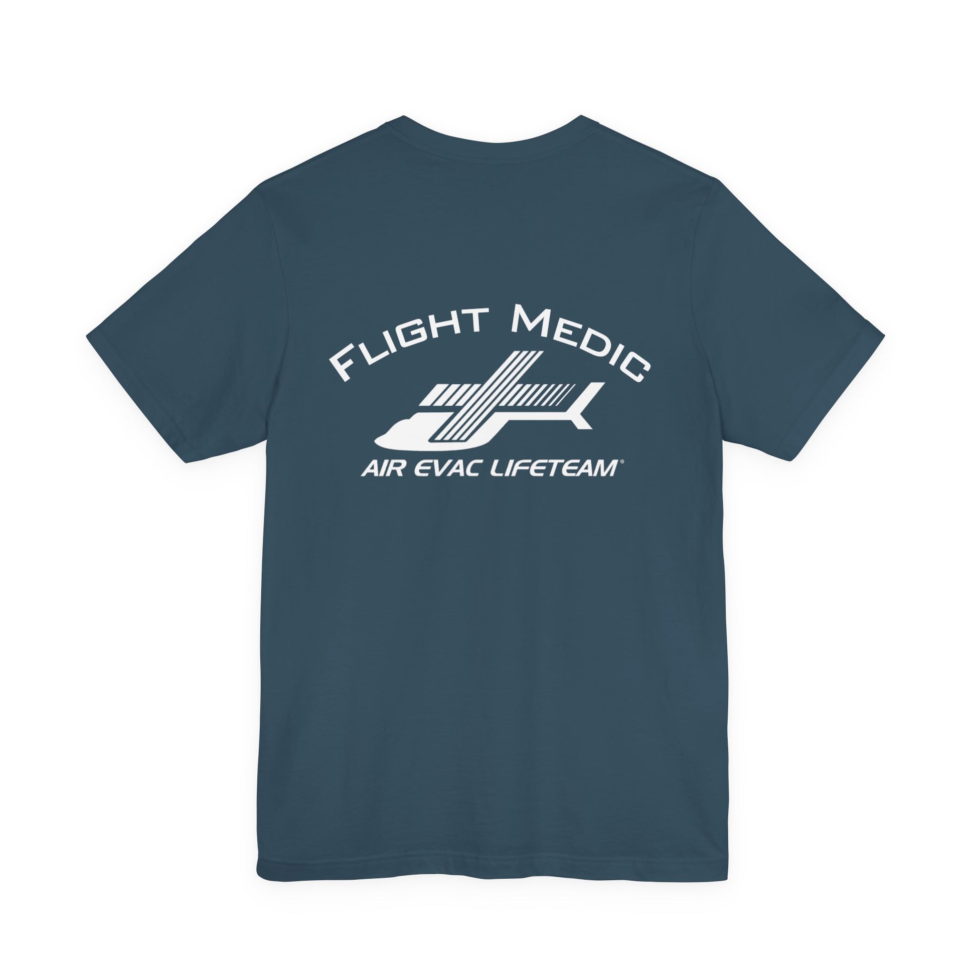 Deep teal t-shirt with 'Flight Medic" text and Air Evac Lifeteam' logo on the back by Rotor Wash & Wear