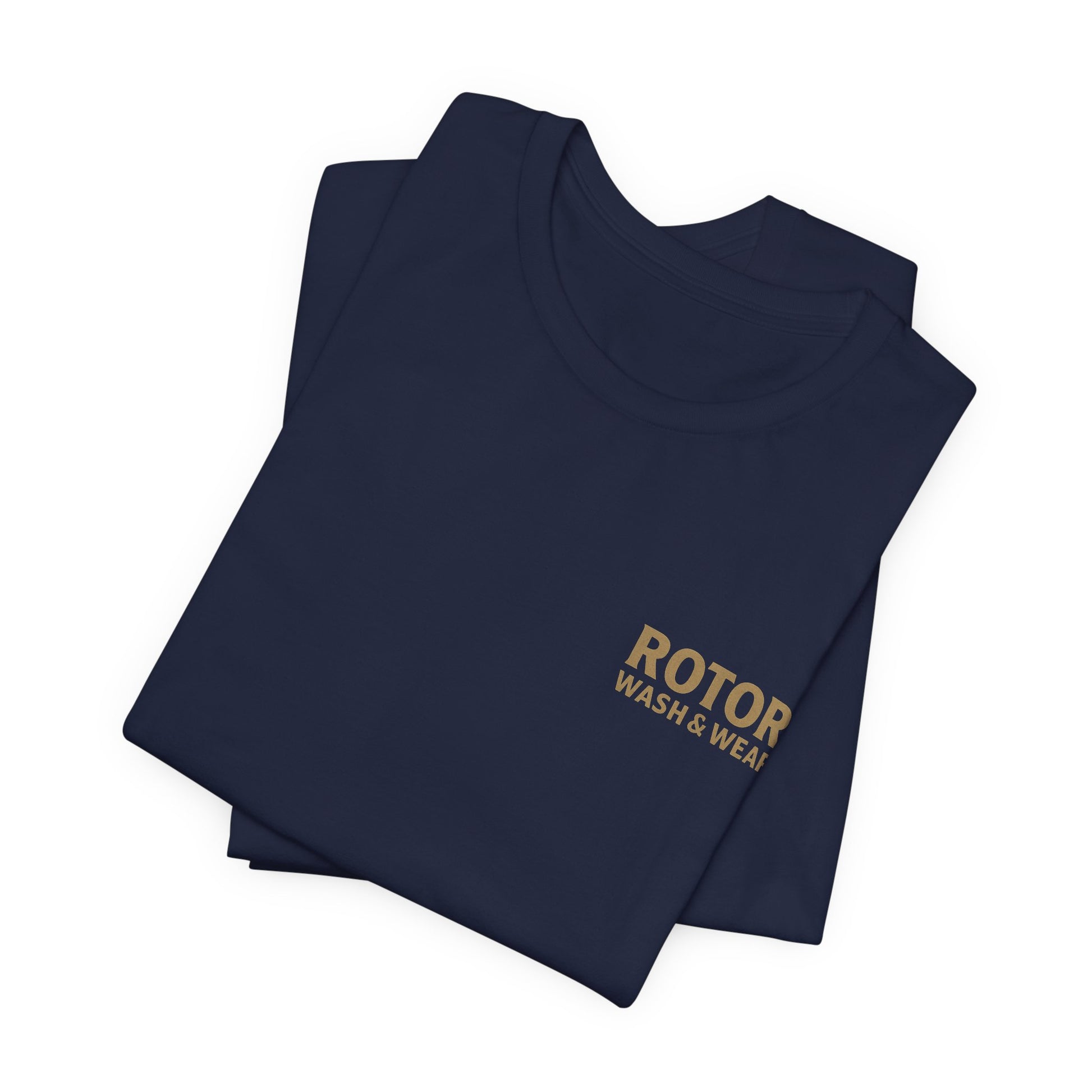 Folded navy blue shirt with 'Rotor Wash & Wear' text on a white background