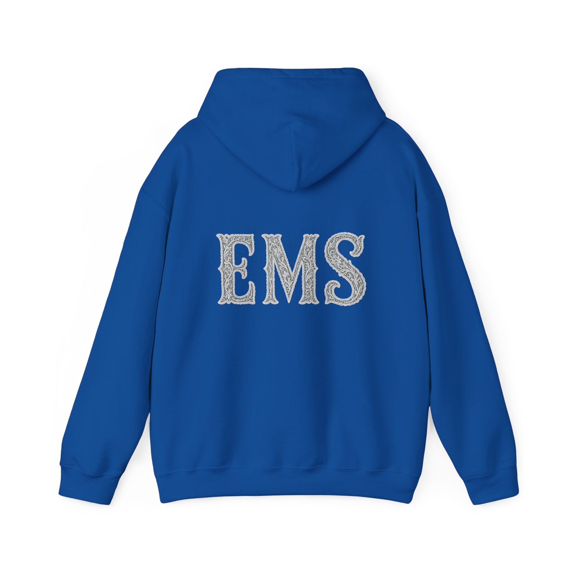 Blue hoodie with 'EMS' text on the back against a white background