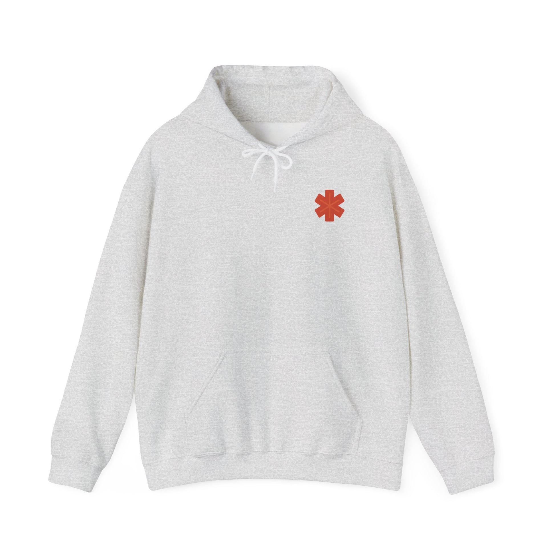 Gray hoodie with a red medical symbol on a white background