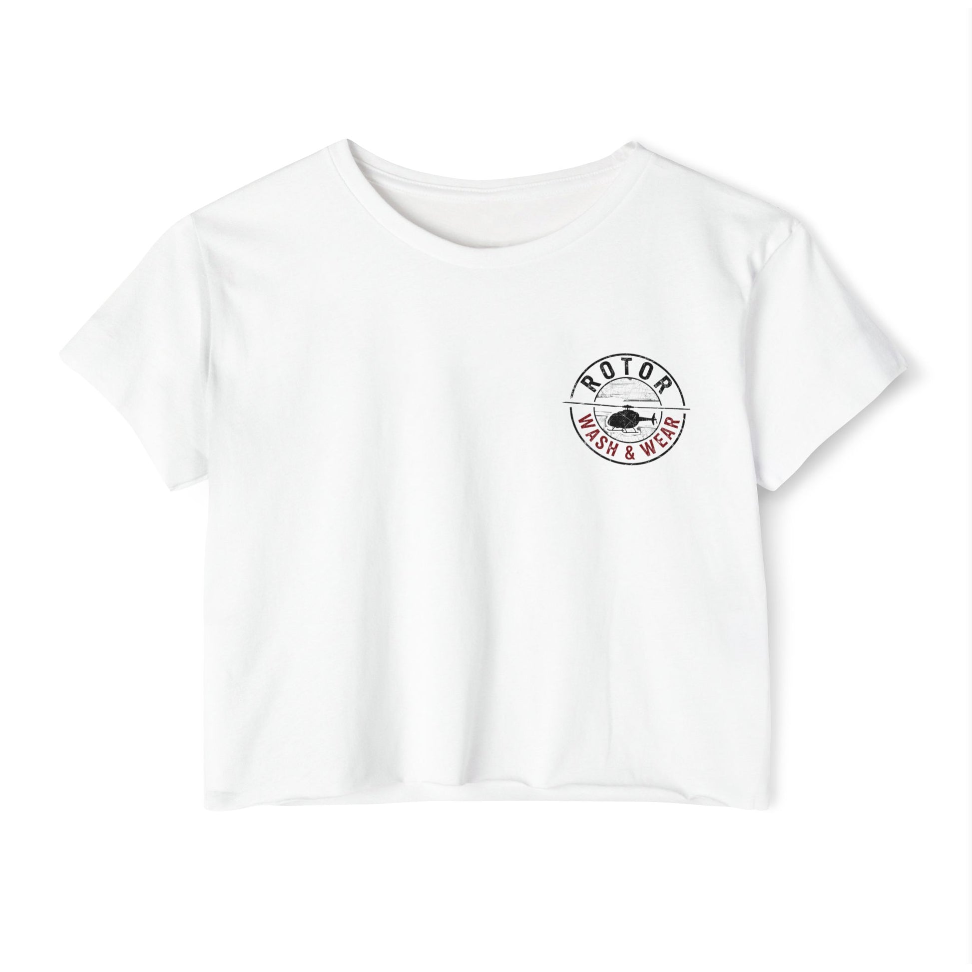 White crop top with a white logo "Rotor Wash & Wear" on a white background