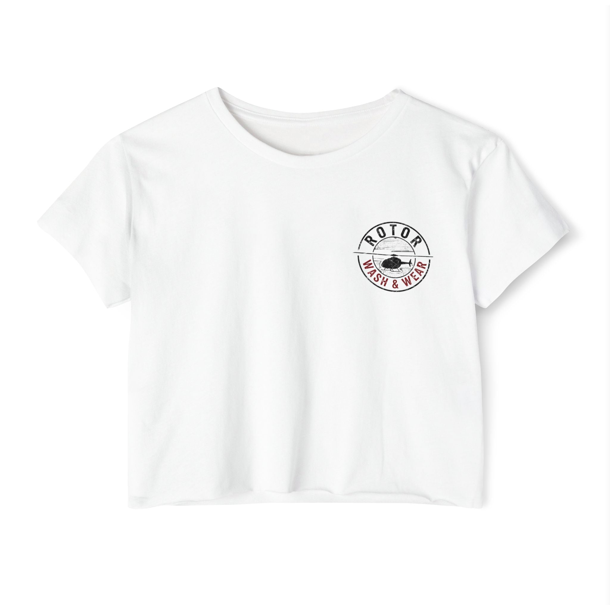 White crop top with a white logo "Rotor Wash & Wear" on a white background