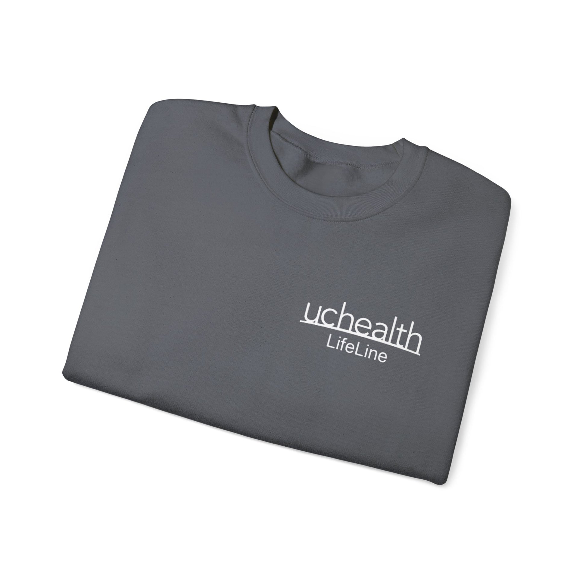 Folded gray sweatshirt with 'uchealth LifeLine' logo on a white background