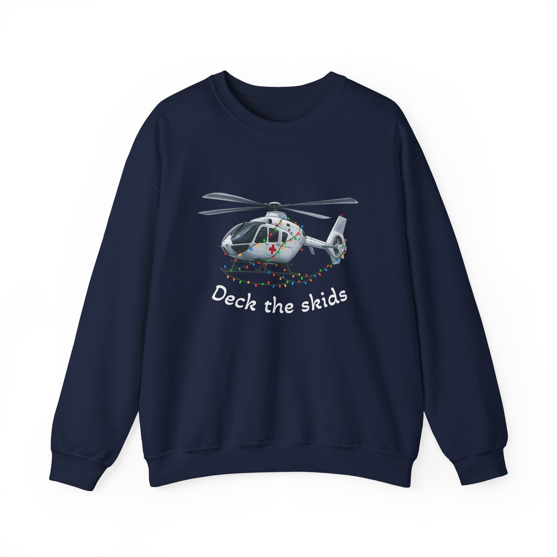 Navy sweatshirt with a medical helicopter graphic wrapped in Christmas lights and text "deck the skids" by Rotor Wash & Wear