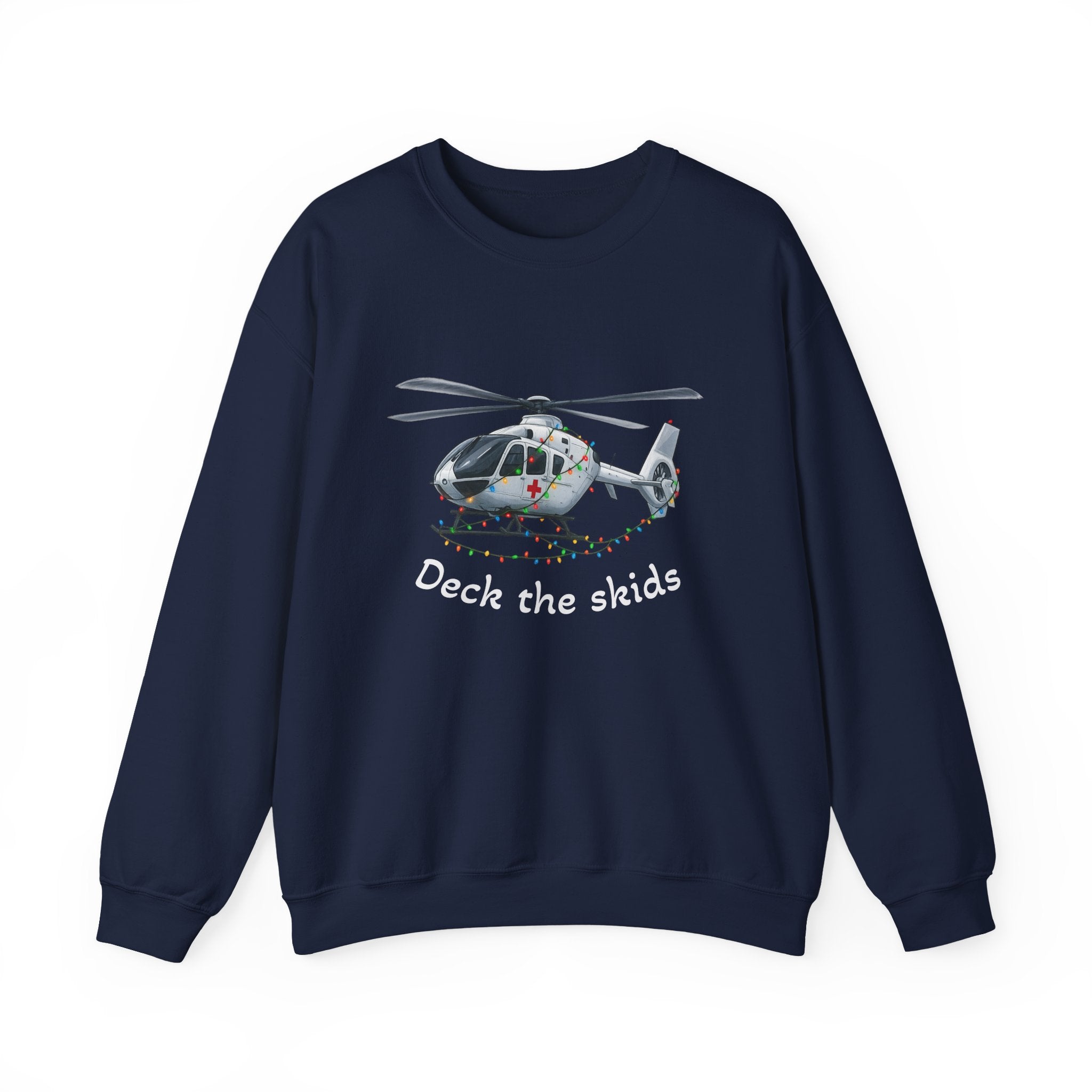 Navy sweatshirt with a medical helicopter graphic wrapped in Christmas lights and text "deck the skids" by Rotor Wash & Wear