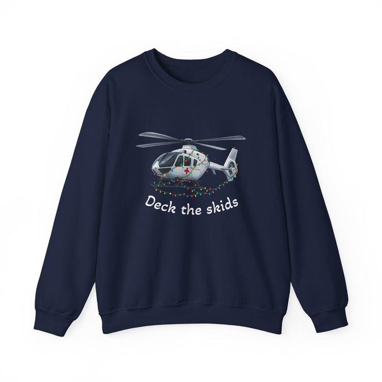 Navy sweatshirt with a medical helicopter graphic wrapped in Christmas lights and text "deck the skids" by Rotor Wash & Wear
