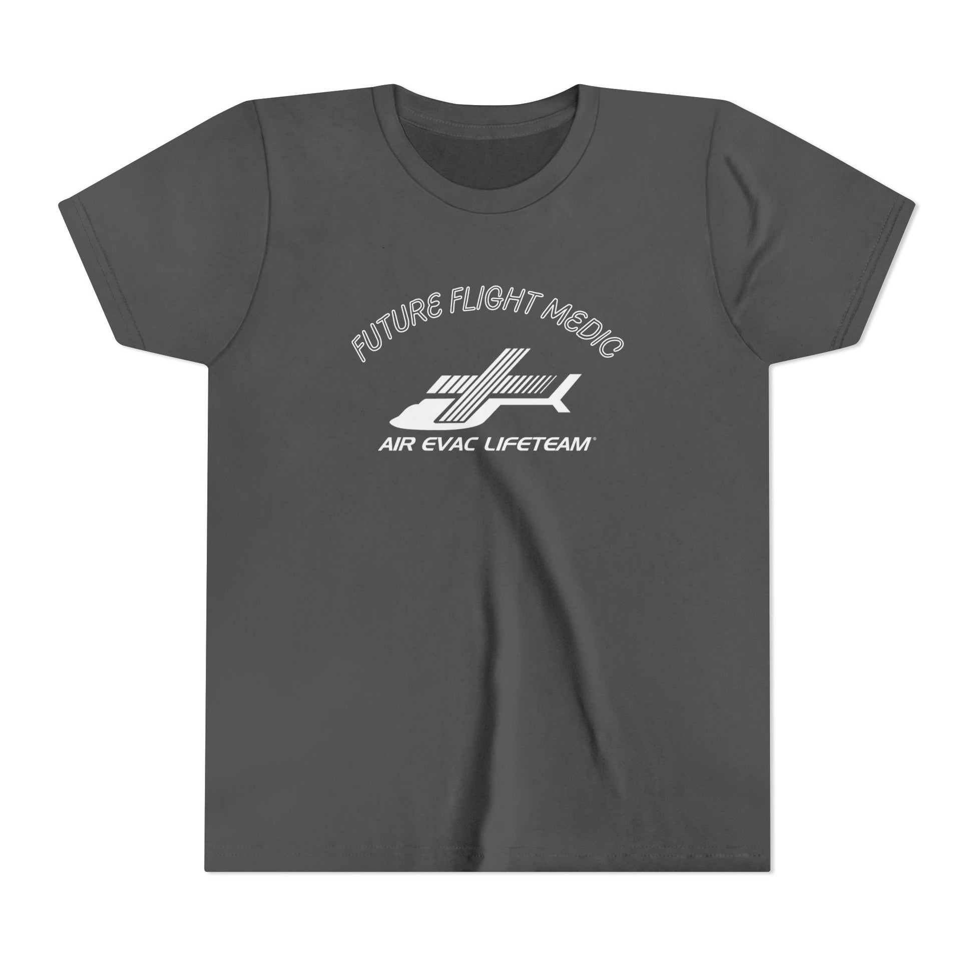 Gray kid's t-shirt with Air Evac Lifeteam logo and text "Future Flight Medic" by Rotor Wash & Wear