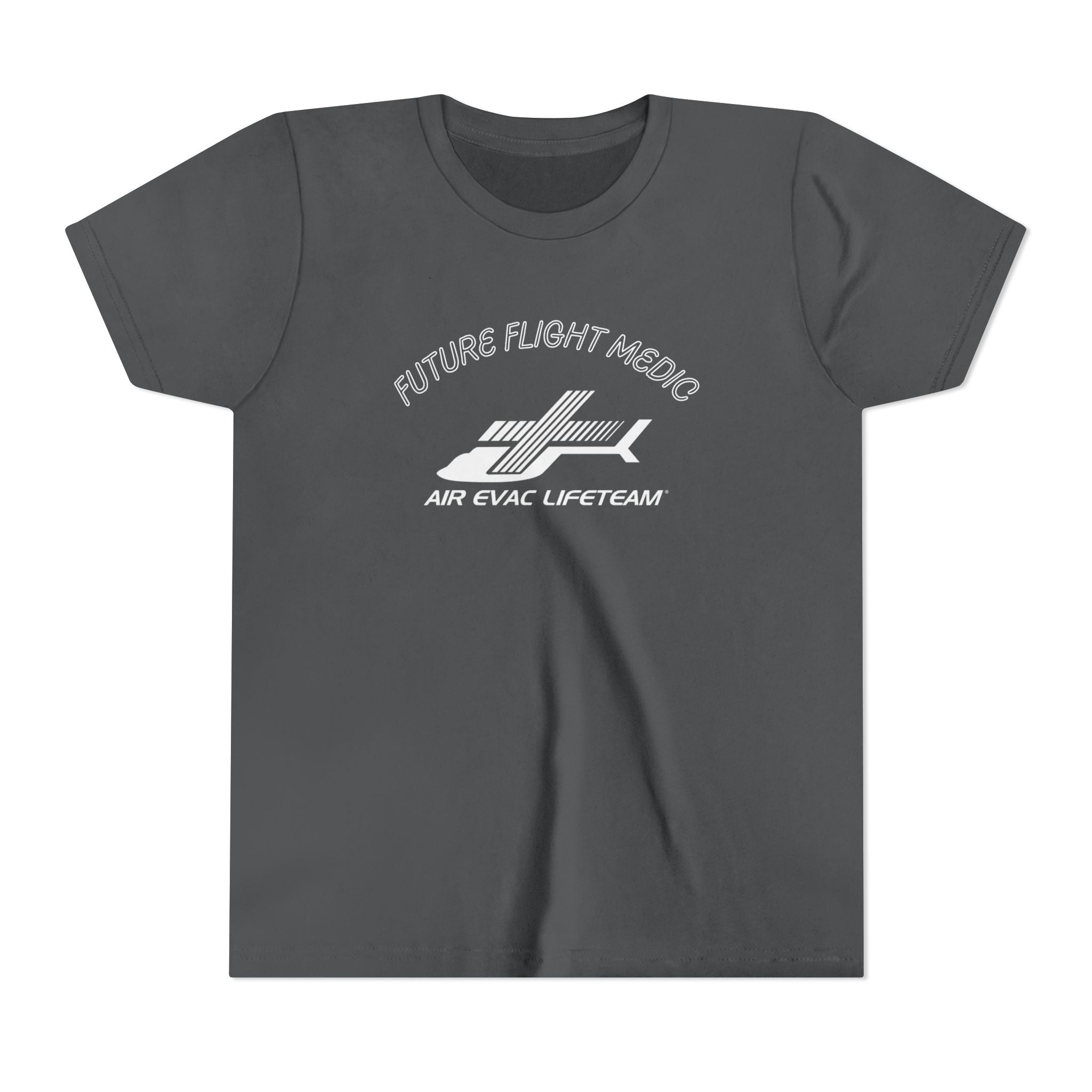 Gray kid's t-shirt with Air Evac Lifeteam logo and text "Future Flight Medic" by Rotor Wash & Wear