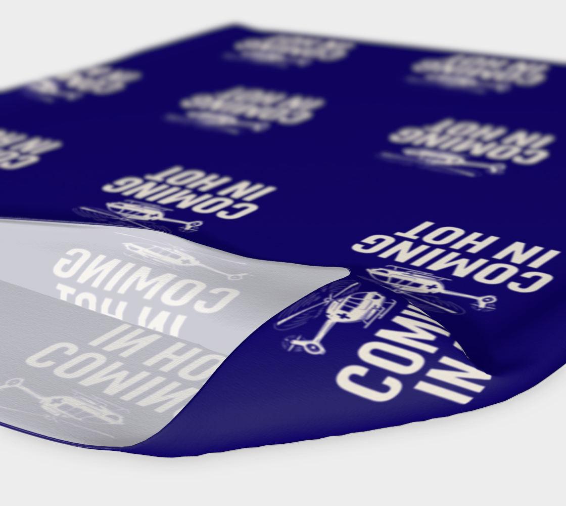 Blue headband with 'COMING IN HOT' text and helicopter graphic on a white background.