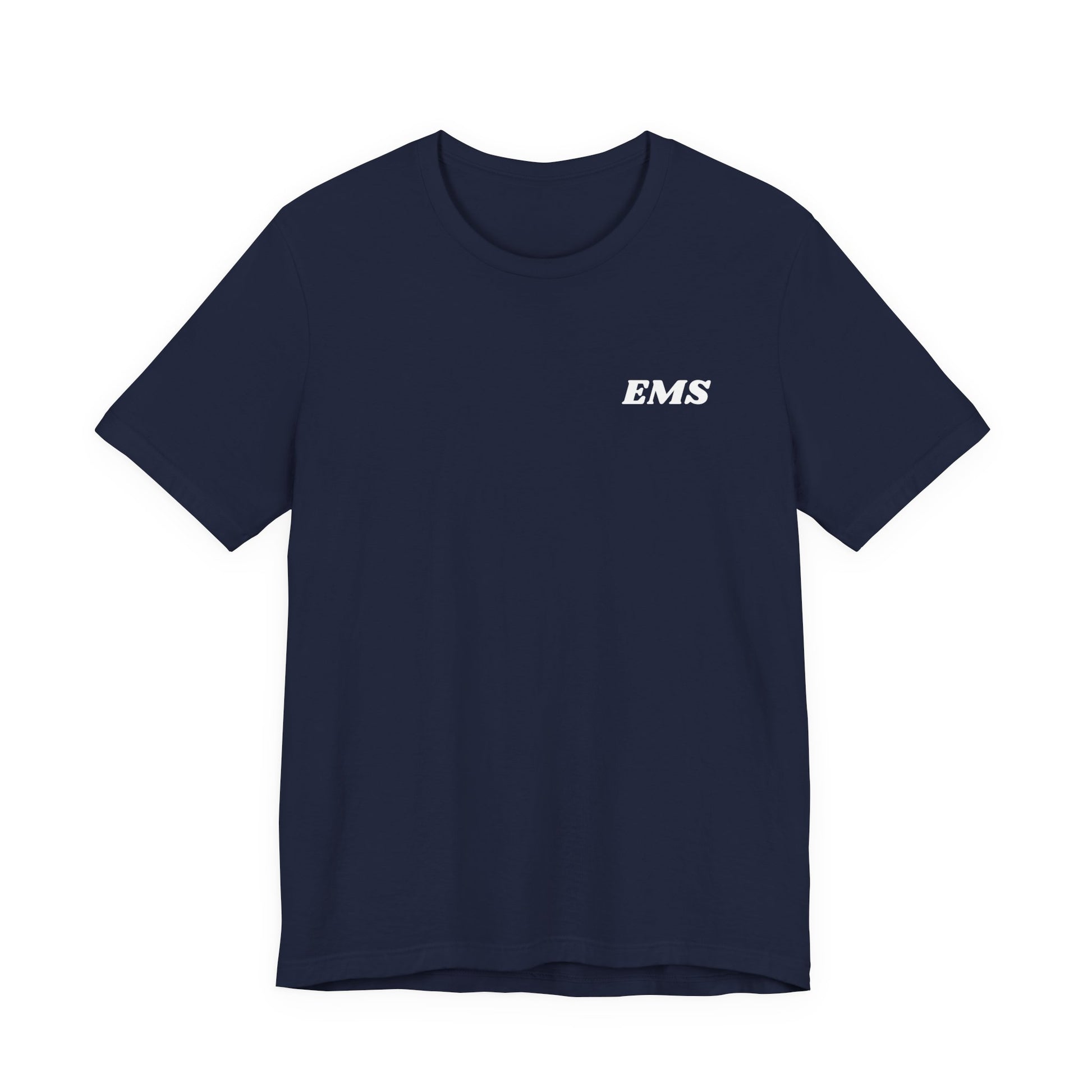 Navy blue t-shirt with 'EMS' logo on a white background