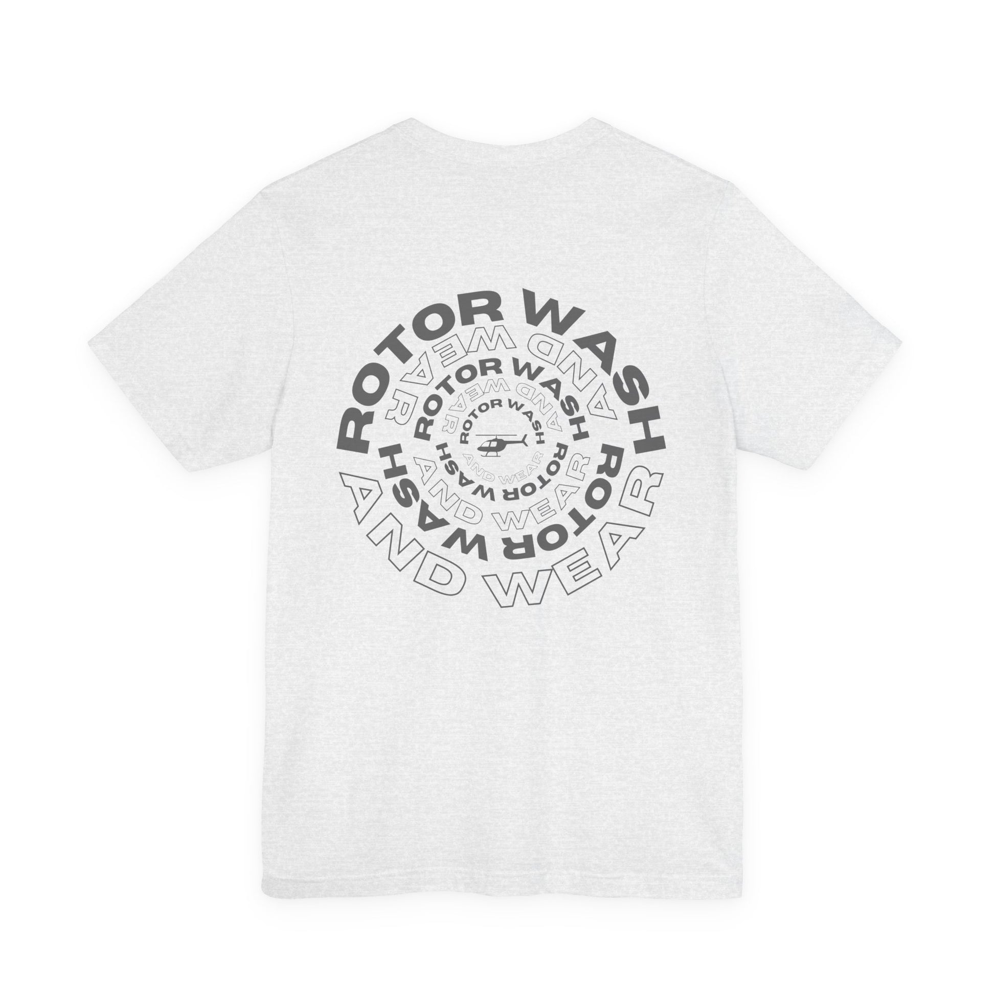 White t-shirt with 'Rotor Wash and Wear' circular design text design on a white background