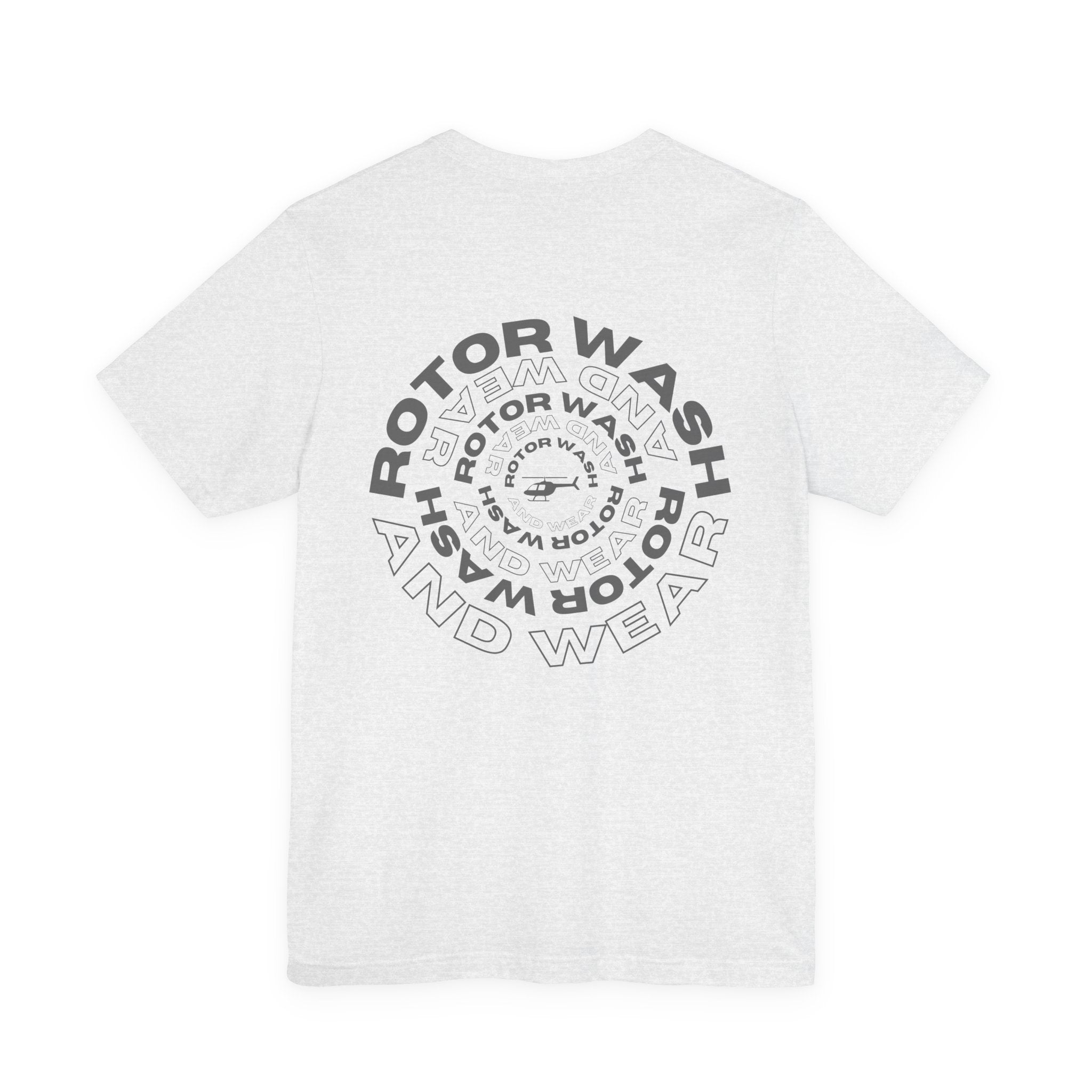 White t-shirt with 'Rotor Wash and Wear' circular design text design on a white background
