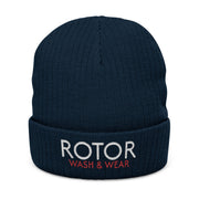 Navy blue beanie with 'Rotor Wash & Wear' text on a white background