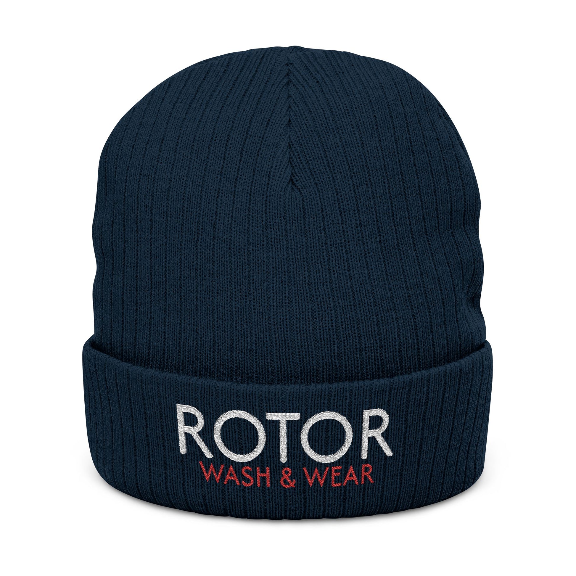 Navy blue beanie with 'Rotor Wash & Wear' text on a white background