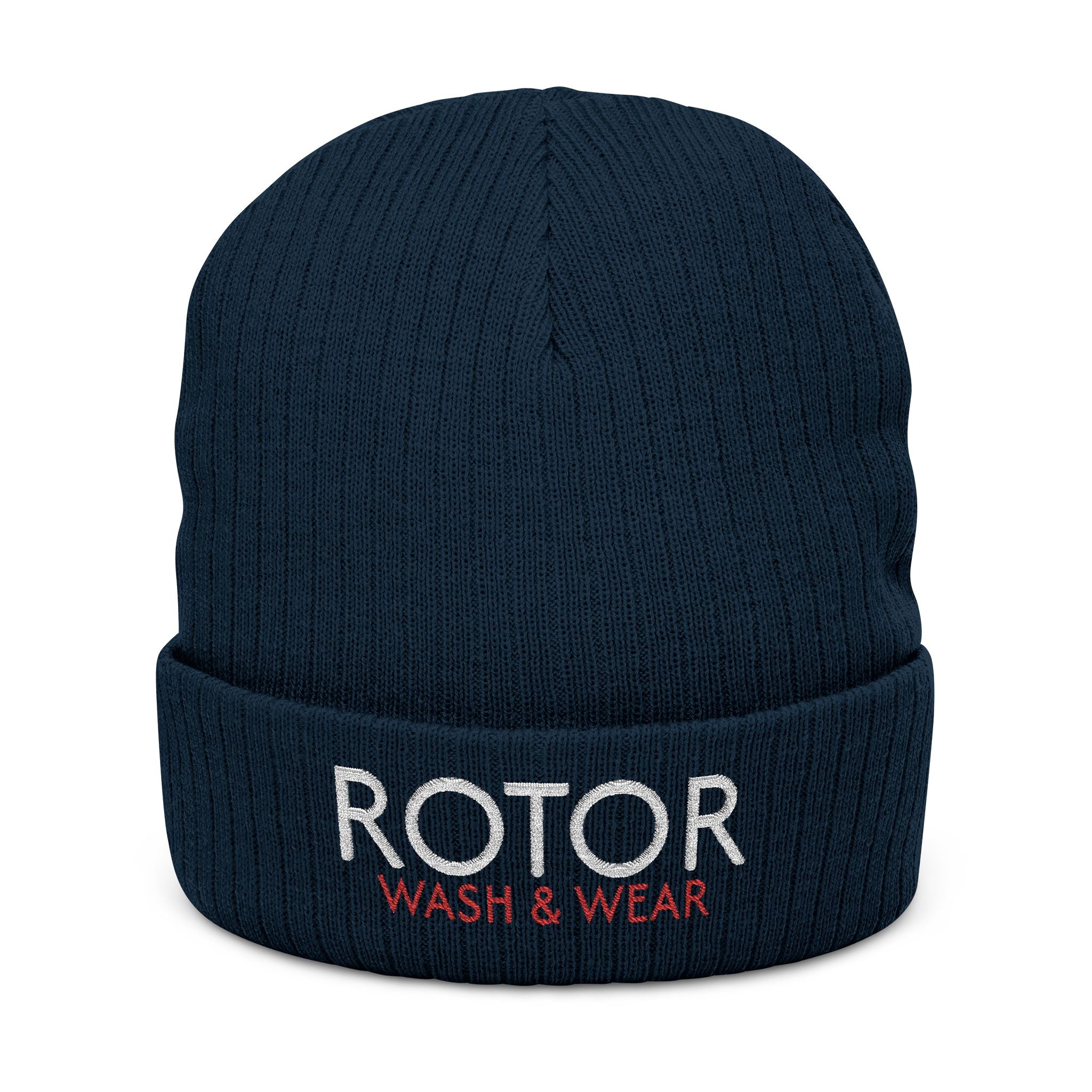 Navy blue beanie with 'Rotor Wash & Wear' text on a white background