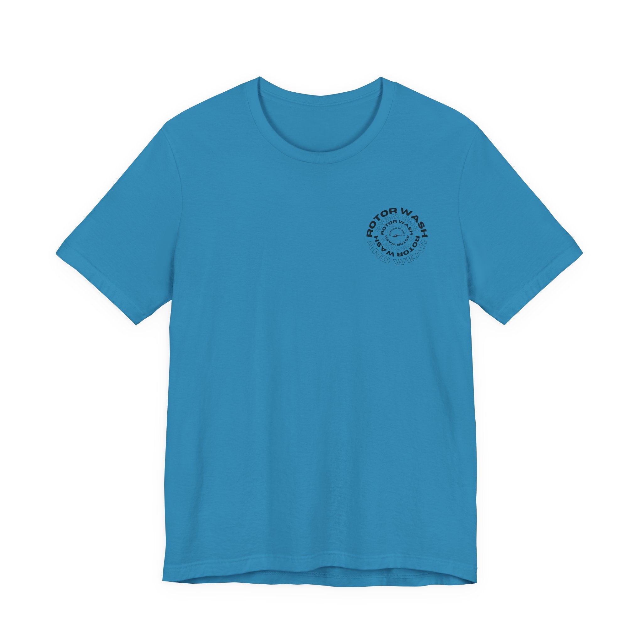 Turquoise t-shirt with 'Rotor Wash and Wear' circular design text design on the left chest on a white background