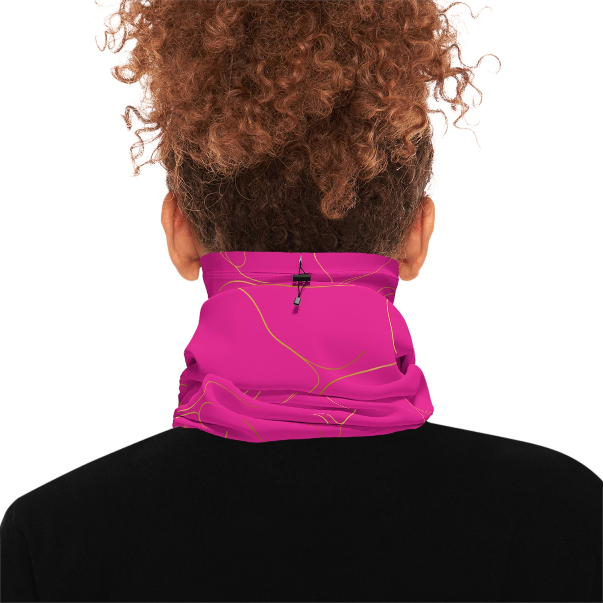 Person wearing hot pink neck gaiter with gold piping pattern by Rotor Wash & Wear