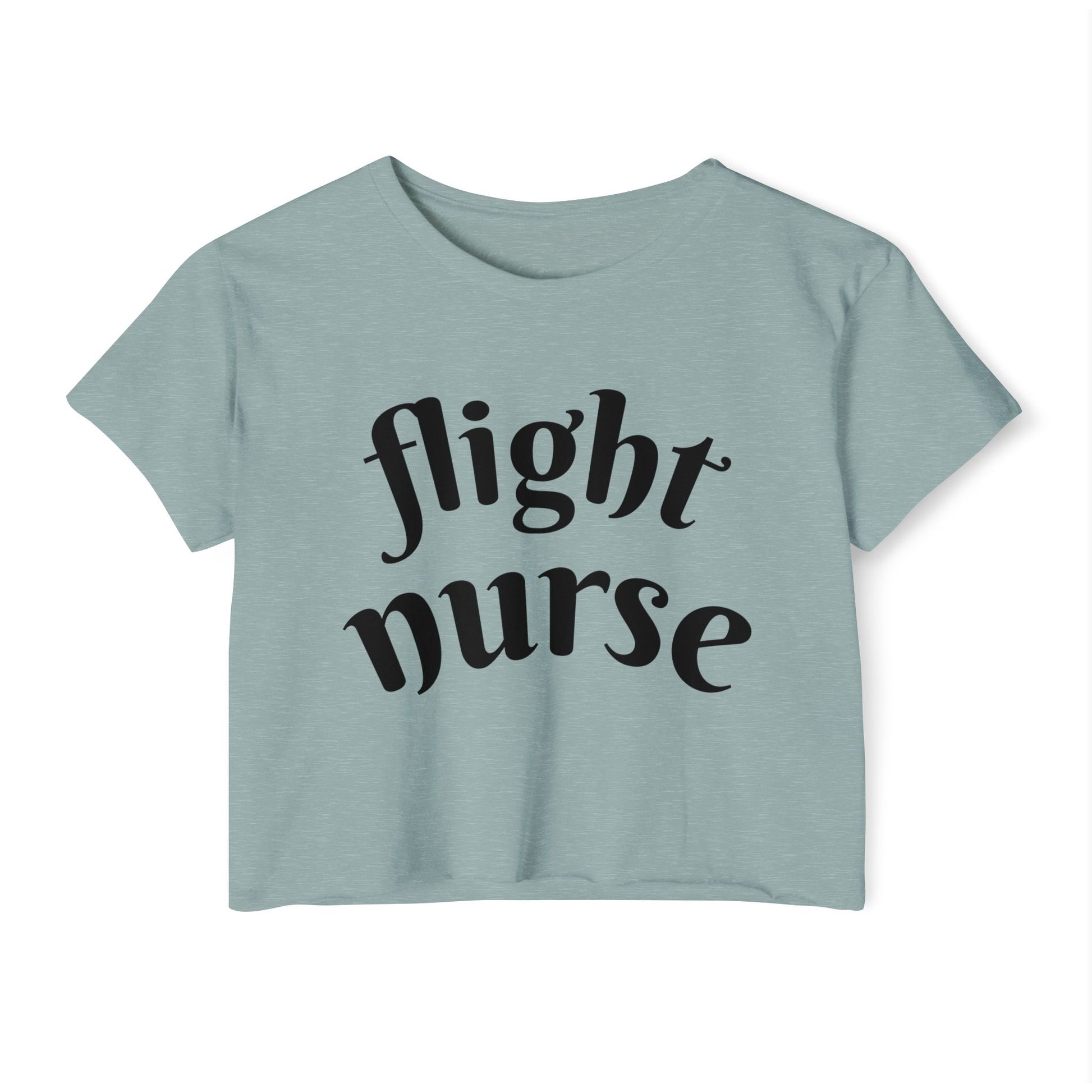 Light green crop top with 'flight nurse' text on a white background