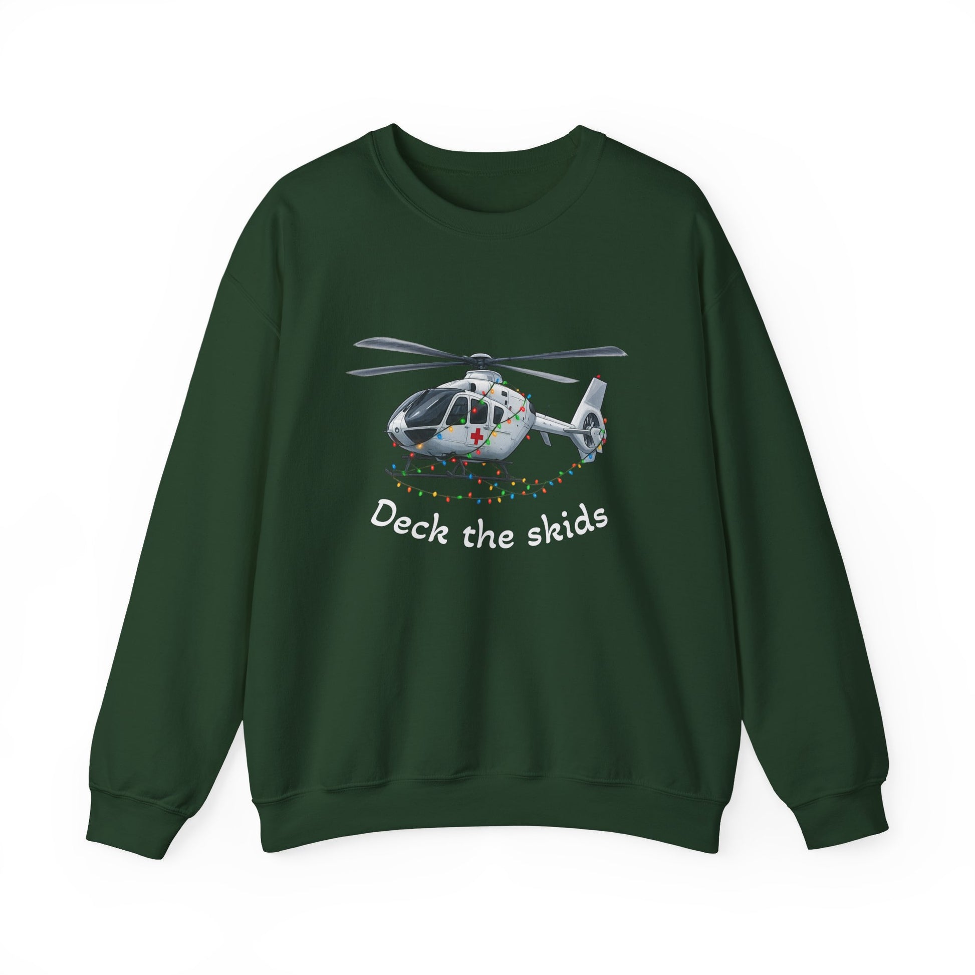 Green sweatshirt with a medical helicopter graphic wrapped in Christmas lights and text "deck the skids" by Rotor Wash & Wear