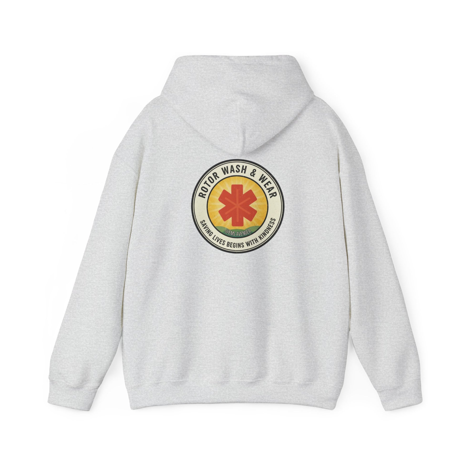 Gray hoodie with a logo on the back of Rotor Wash & Wear and "saving lives begins with kindness" motto against a white background
