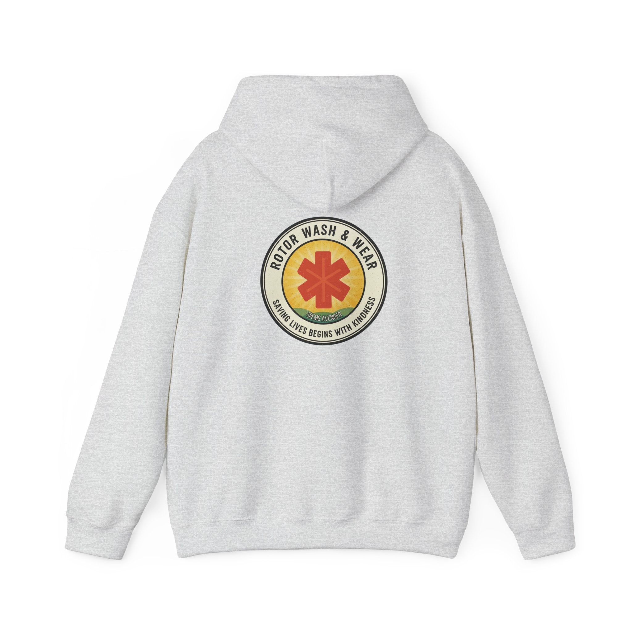 Gray hoodie with a logo on the back of Rotor Wash & Wear and "saving lives begins with kindness" motto against a white background