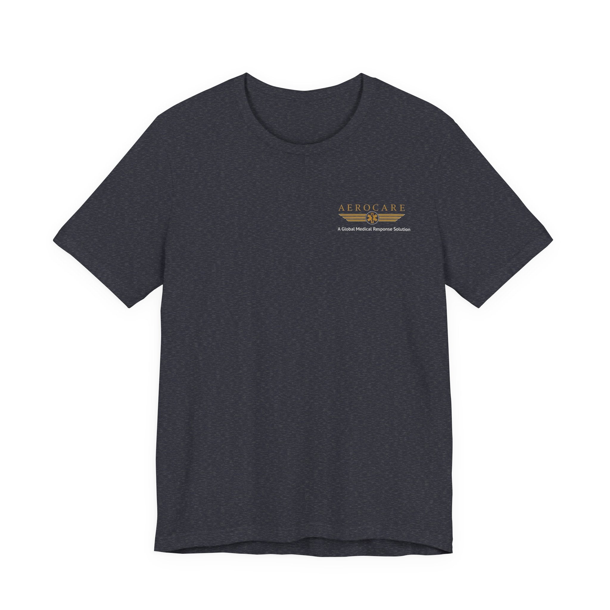 Dark navy t-shirt with Aerocare logo on the chest against a white background