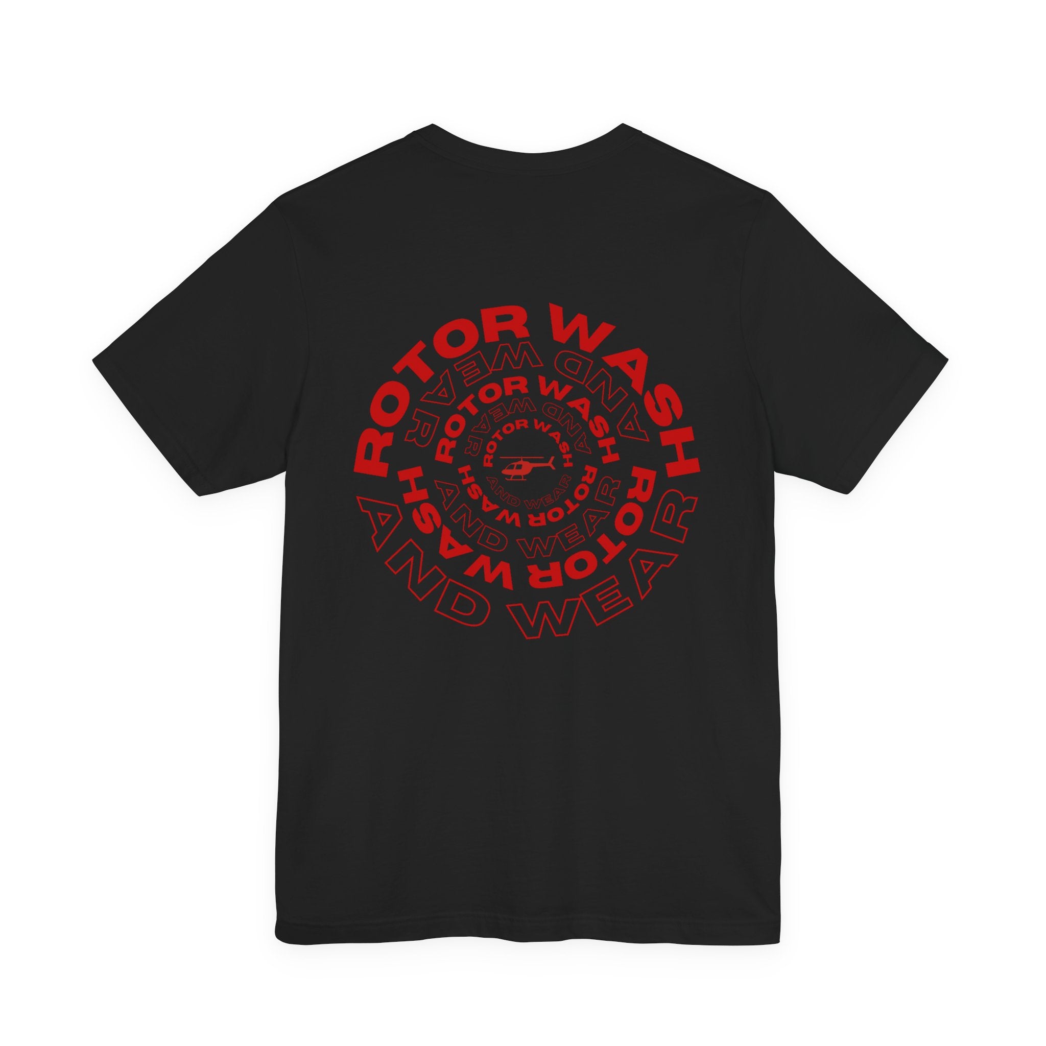 Black t-shirt with 'Rotor Wash and Wear' circular design text design on a white background