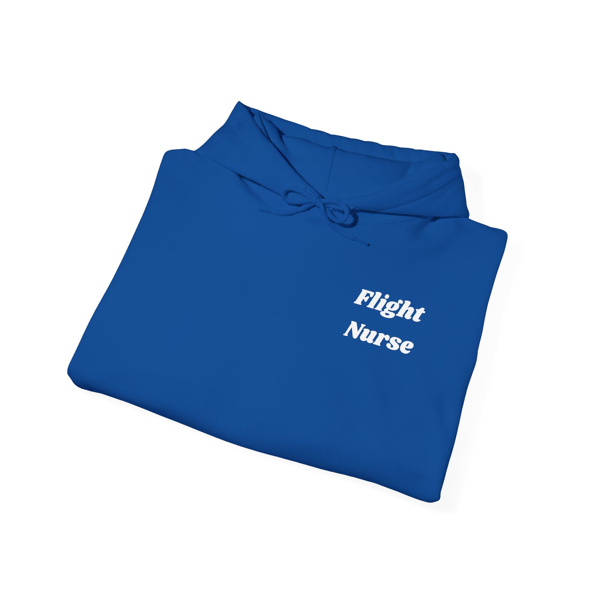 Folded blue hoodie with 'Flight Nurse' text on a white background